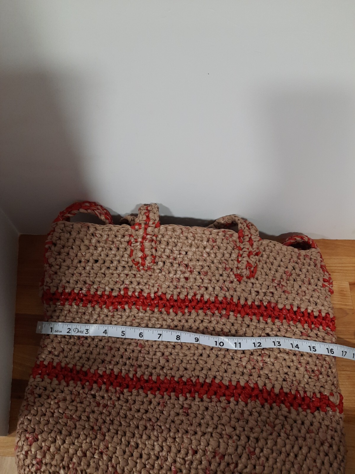 Large Lined Hand Tote Bag Brown & Red Made From Plastic Shopping Bags