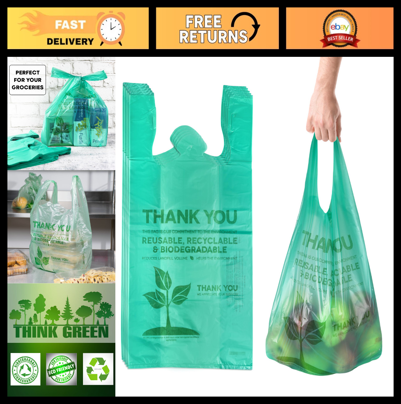 Biodegradable Shopping Bags – 100 Count Eco-Friendly Carry Out Bags – 22″x12