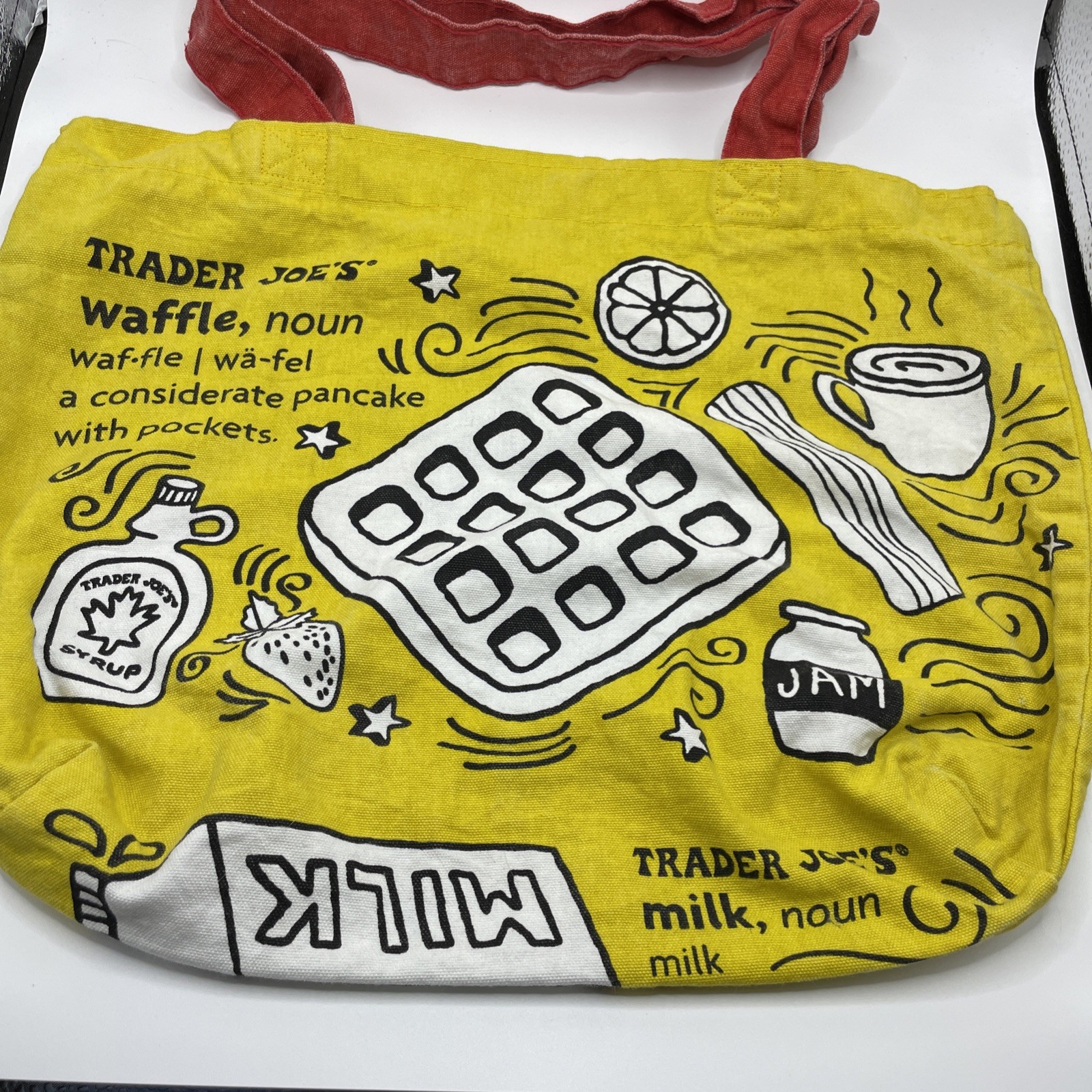 Trader Joes Market Tote Bag Yellow Shopping Waffle Toast Breakfast Reuseable