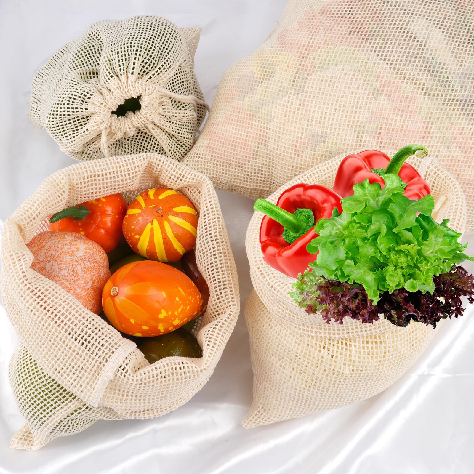 PEASUG 8 Pack Reusable Produce Bags 2 × XL, 2 × L, 2 × M, 2 × S, Beige