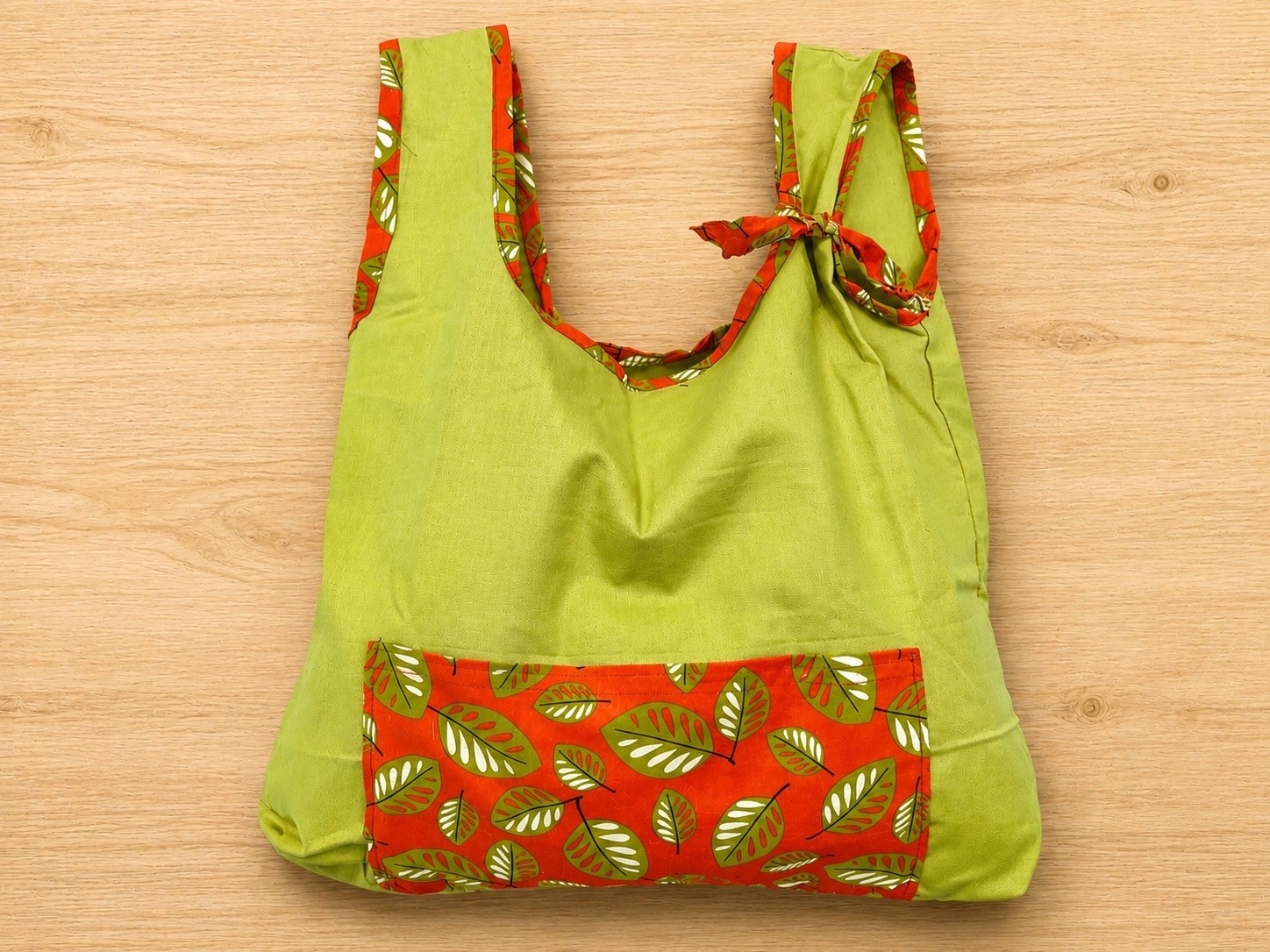 Handmade tote- market bag, 100% cotton green with large pocket