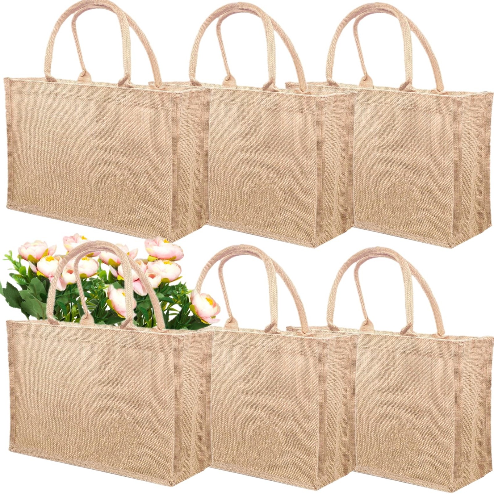 6 Pack Jute Tote Bag Reusable Burlap Beach Rounded Handles 15.4×12.2×5.9