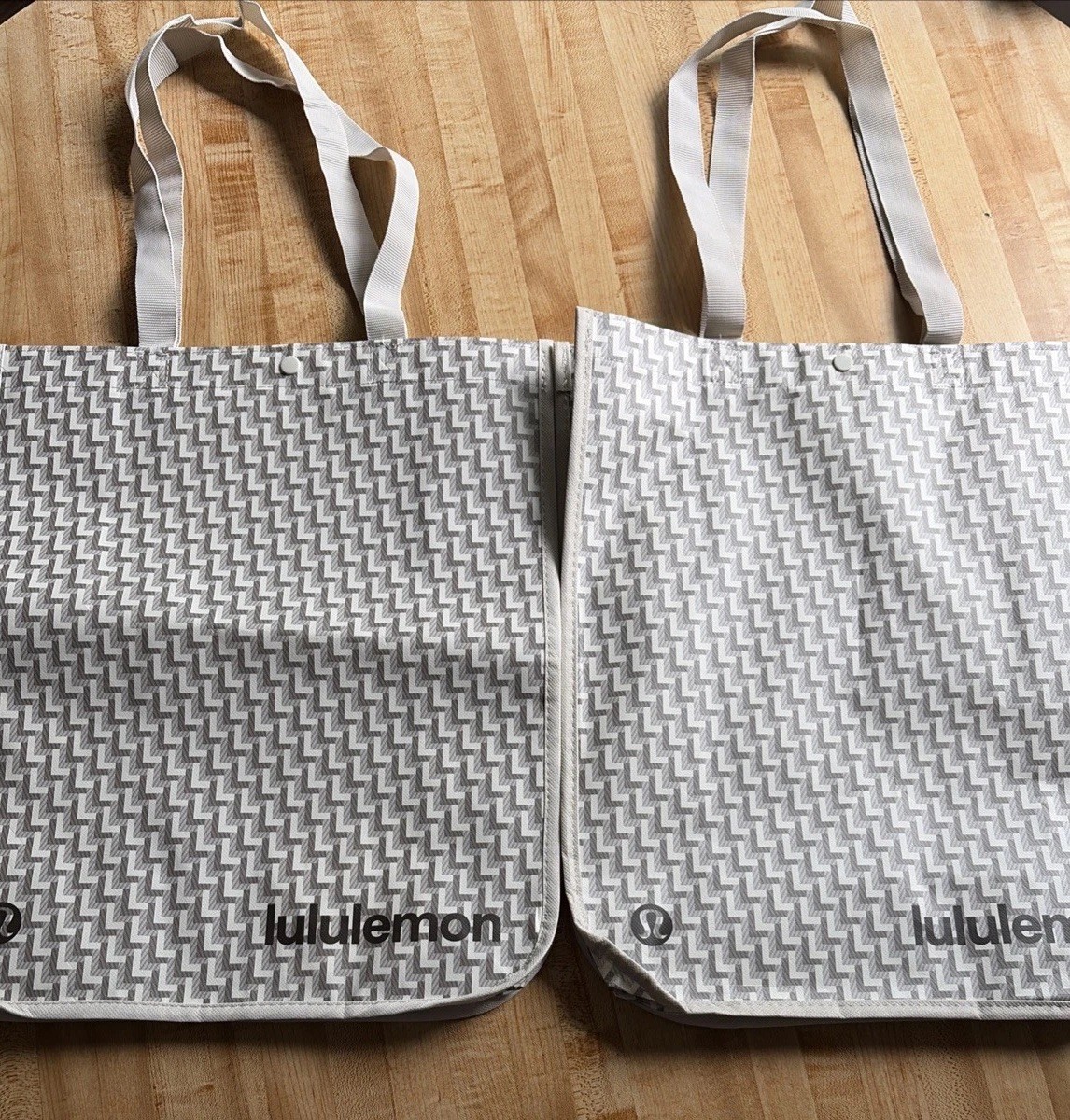 Lot of 2 Lululemon Reusable Shopping Tote Bags – Large White/Beige 14 x 16 Inch