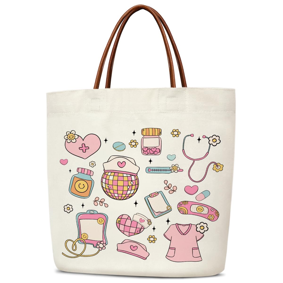 Stylish Pink Nurse Tote Bag Women, Graduation Gift Canvas with Leather Handle