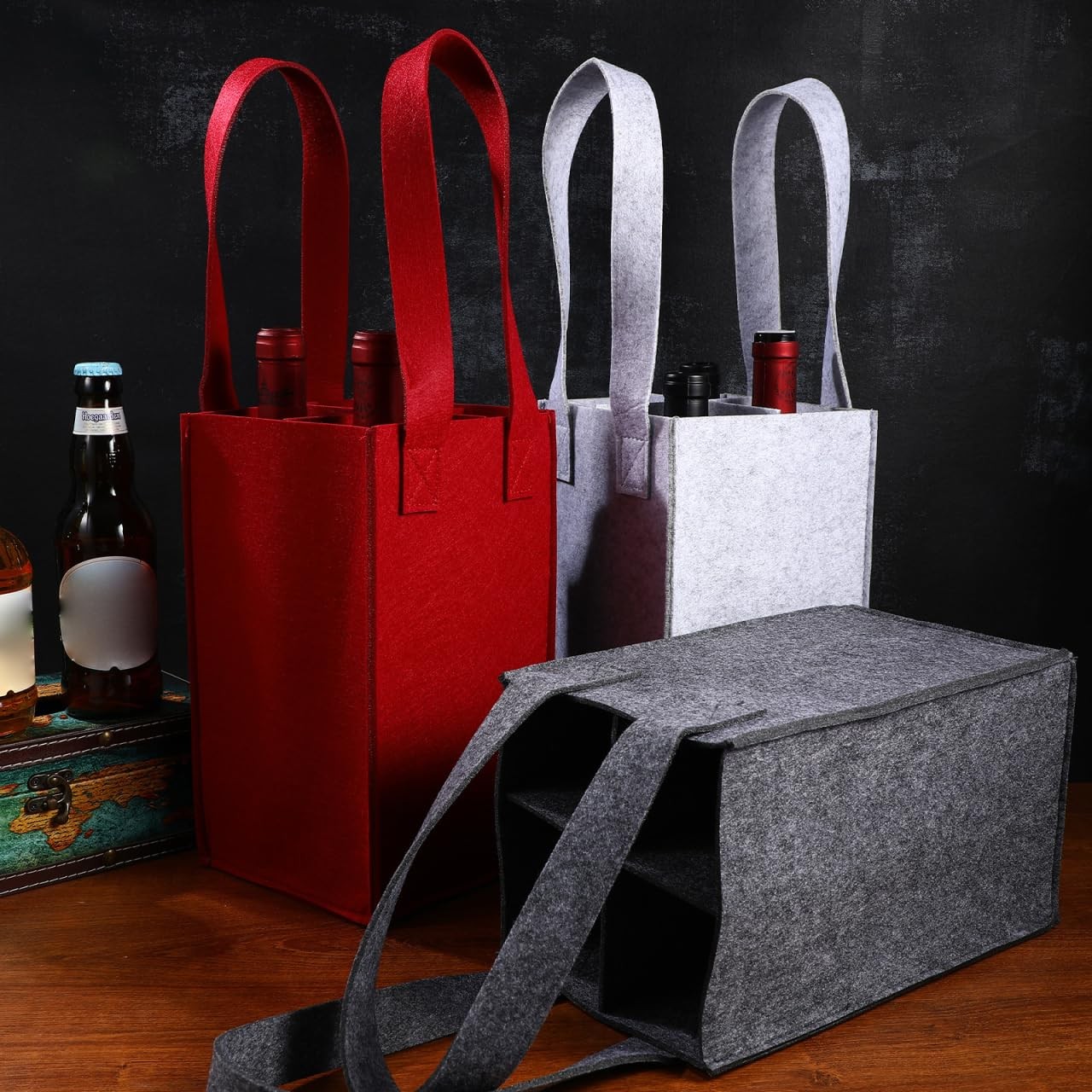 Felt Wine Carrier Tote Bag For 4 Bottles Reusable Protective Dividers Travel