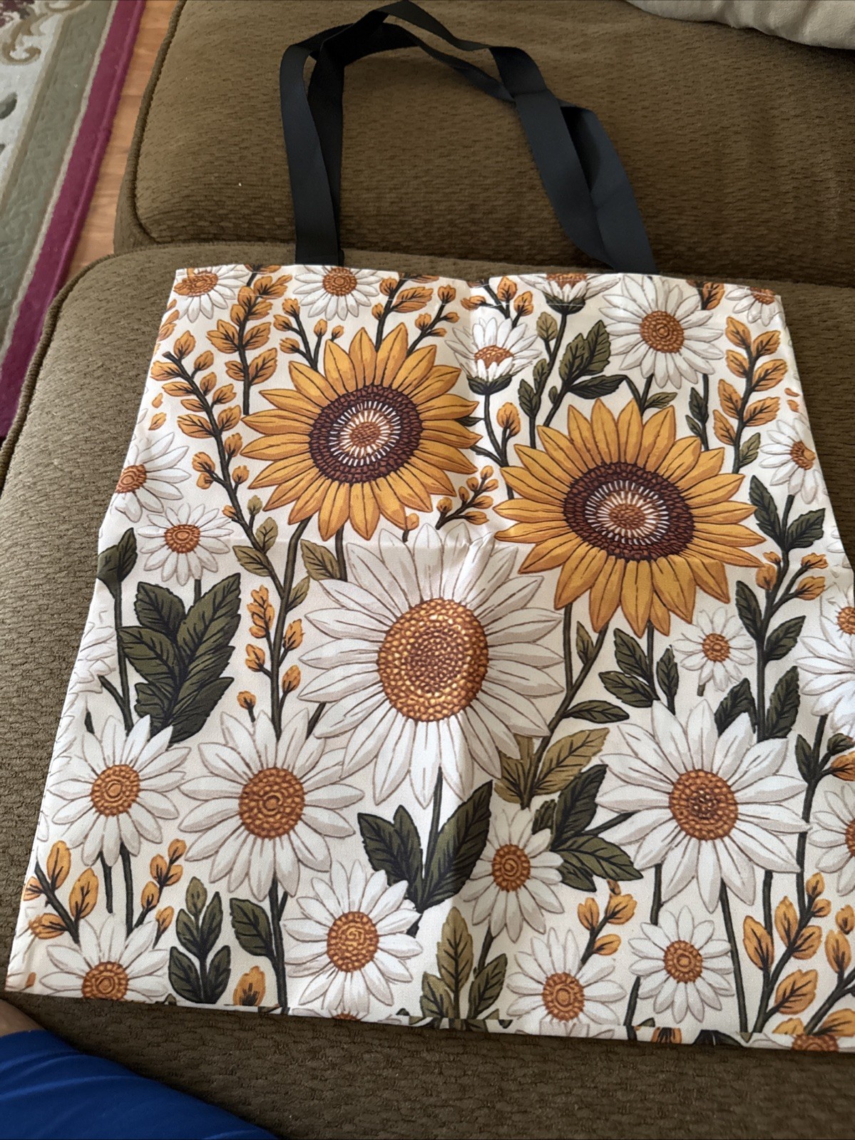 Sunflower Printing On Double Sides Polyester Tote Bag W/double Handles
