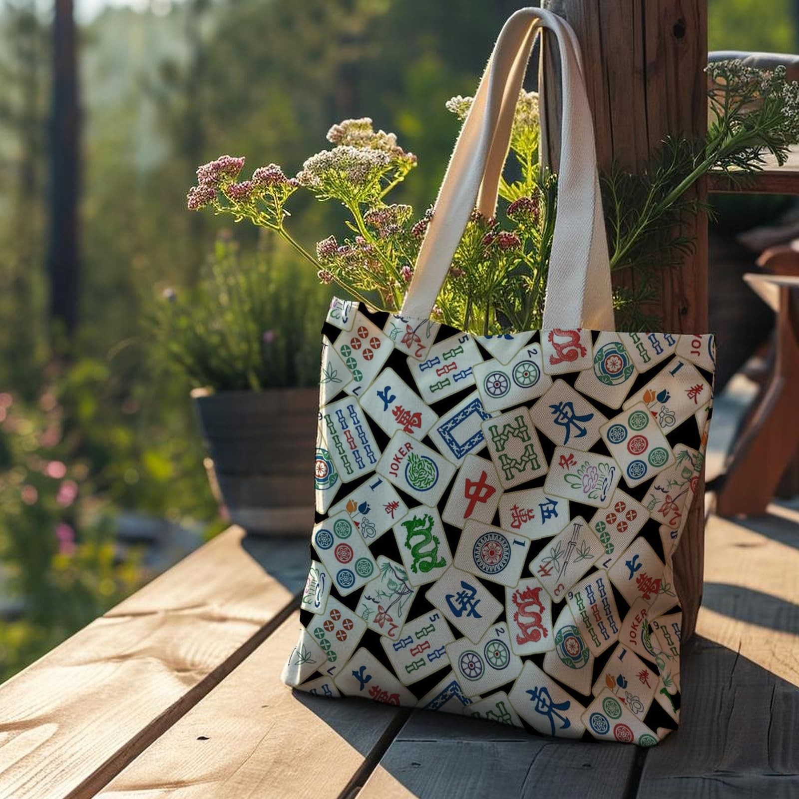 Retro Chinese Mahjong Tile Canvas Tote Bags for Women, Mahjong Gifts for Wome…