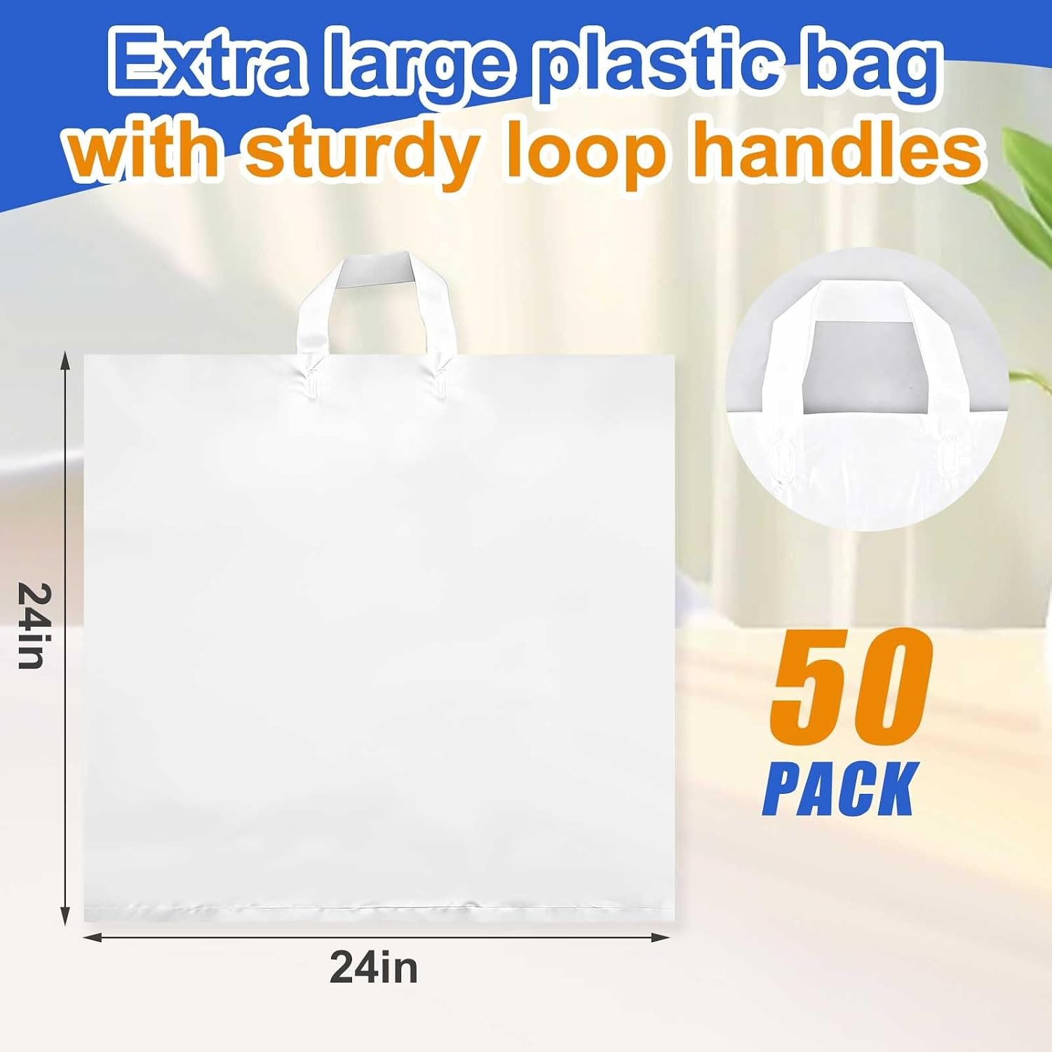 50 Pack 24″ X 24″ Large White Plastic Shopping Bags with Handles Reusable Mercha