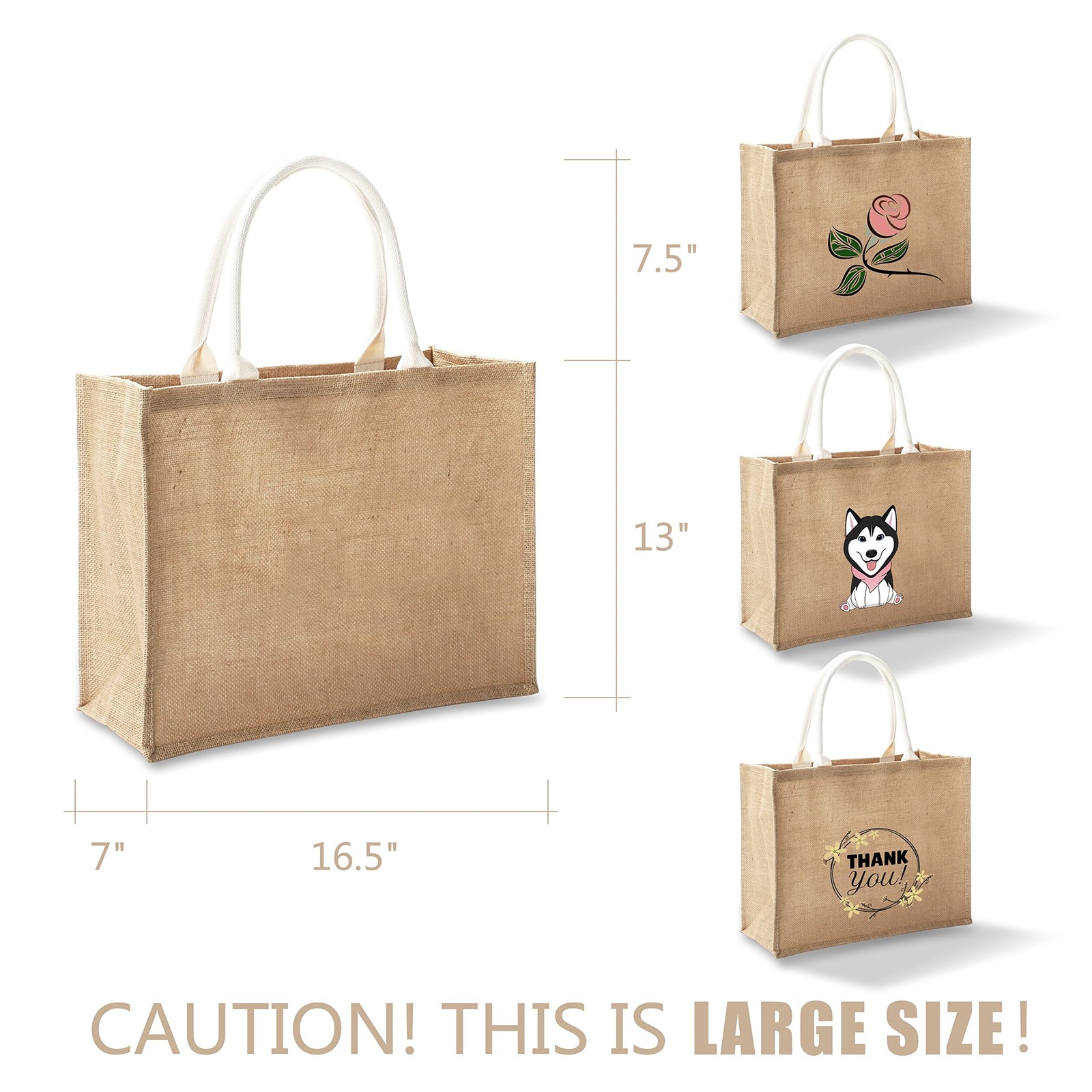 1 Pack Large Jute Tote Bag, 16.5 x 7 x 13, Burlap, Beach, Shopping, Wedding