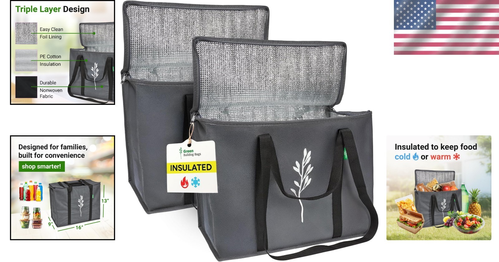 16″x9″x13″ Insulated Grocery Bags 2 Pack – Gray Cooler Totes