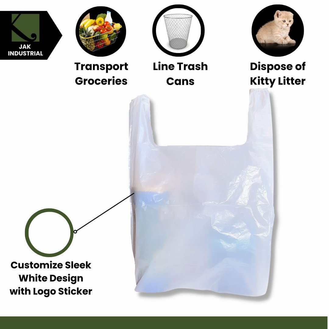 JAK Industrial 200 Large Plastic Grocery T-Shirt Bags with Handles 200, White