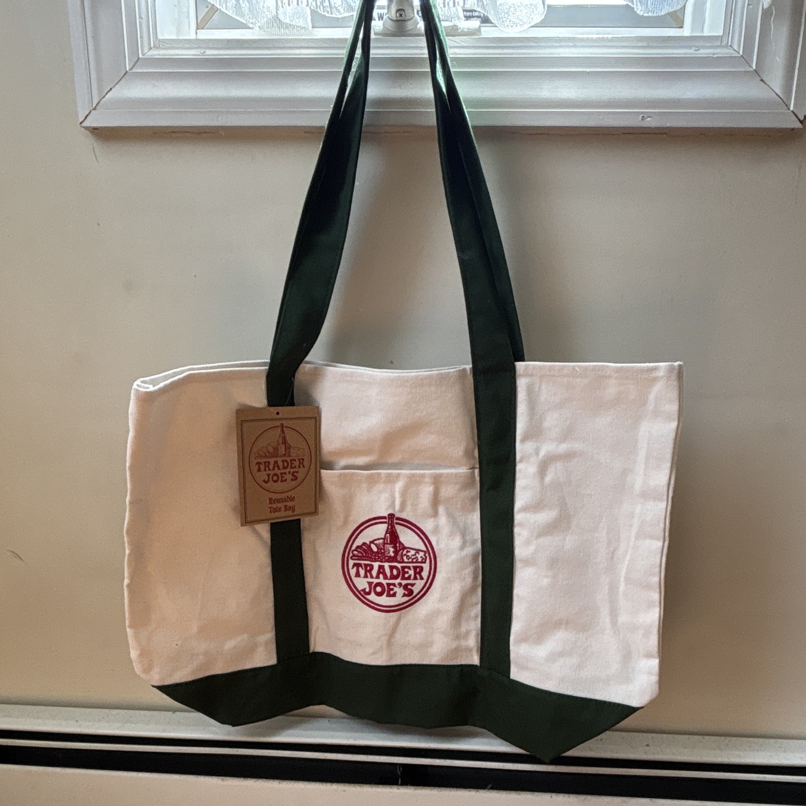 Trader Joe’s Canvas Reusable Tote Bag White/Green Large Logo 19x14x6″