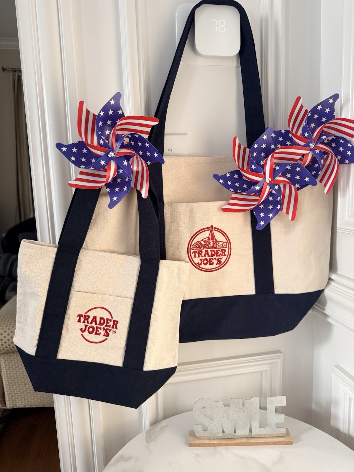 💙 Trader Joe’s LARGE & MINI CANVAS TOTE BAGS SET Classic Navy Blue 2 Bags NWT
