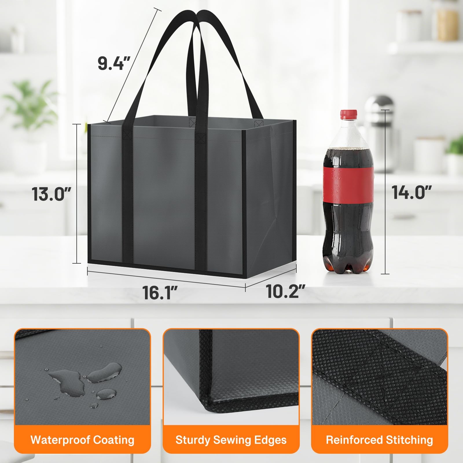 WISELIFE Reusable Grocery Bags with Handles – 3 Pack 35L Large Shopping Bags fo