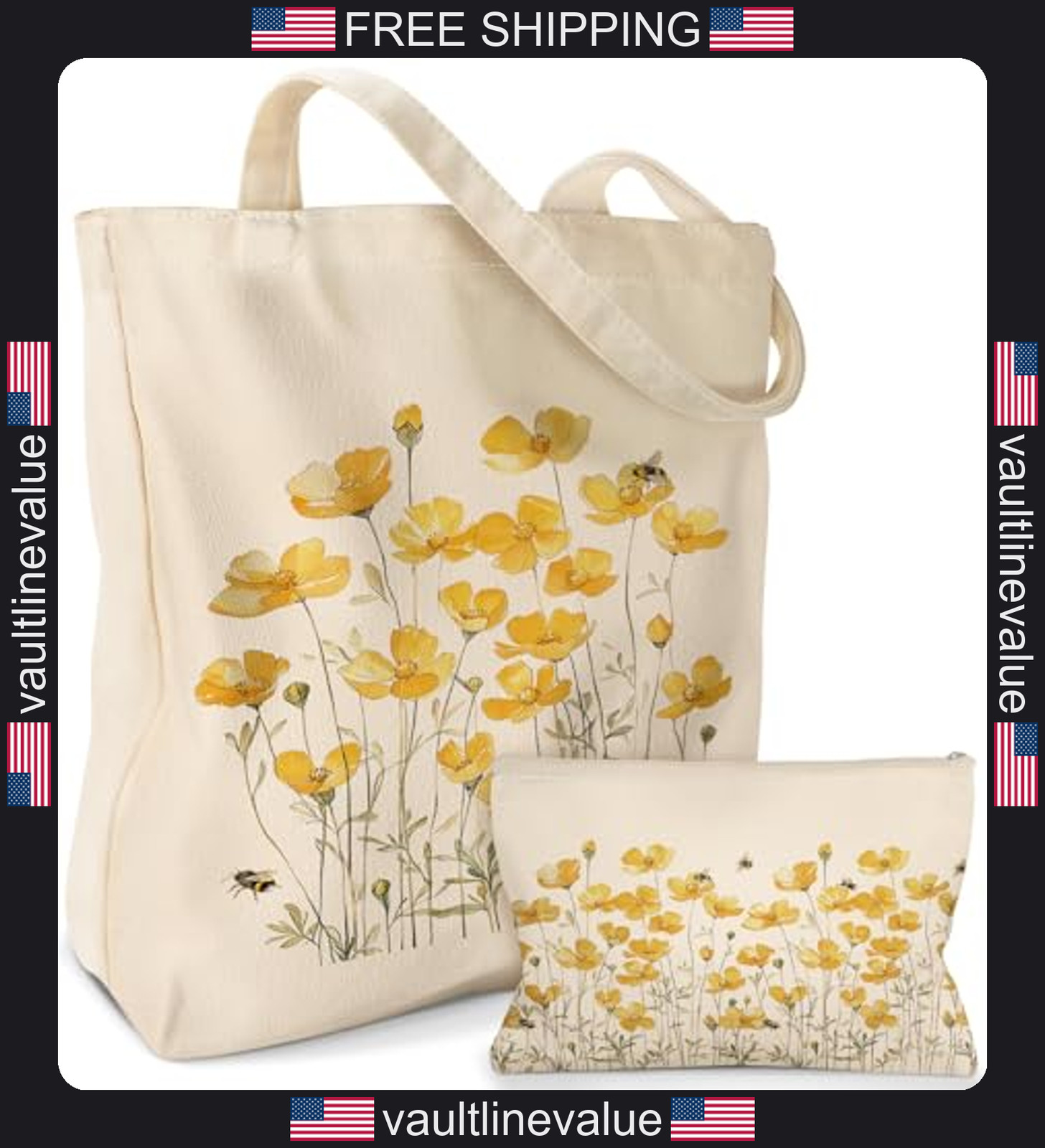 Miss Adola Aesthetic 2 Pack Canvas Tote Bag – with Makeup Zipper Pouch for