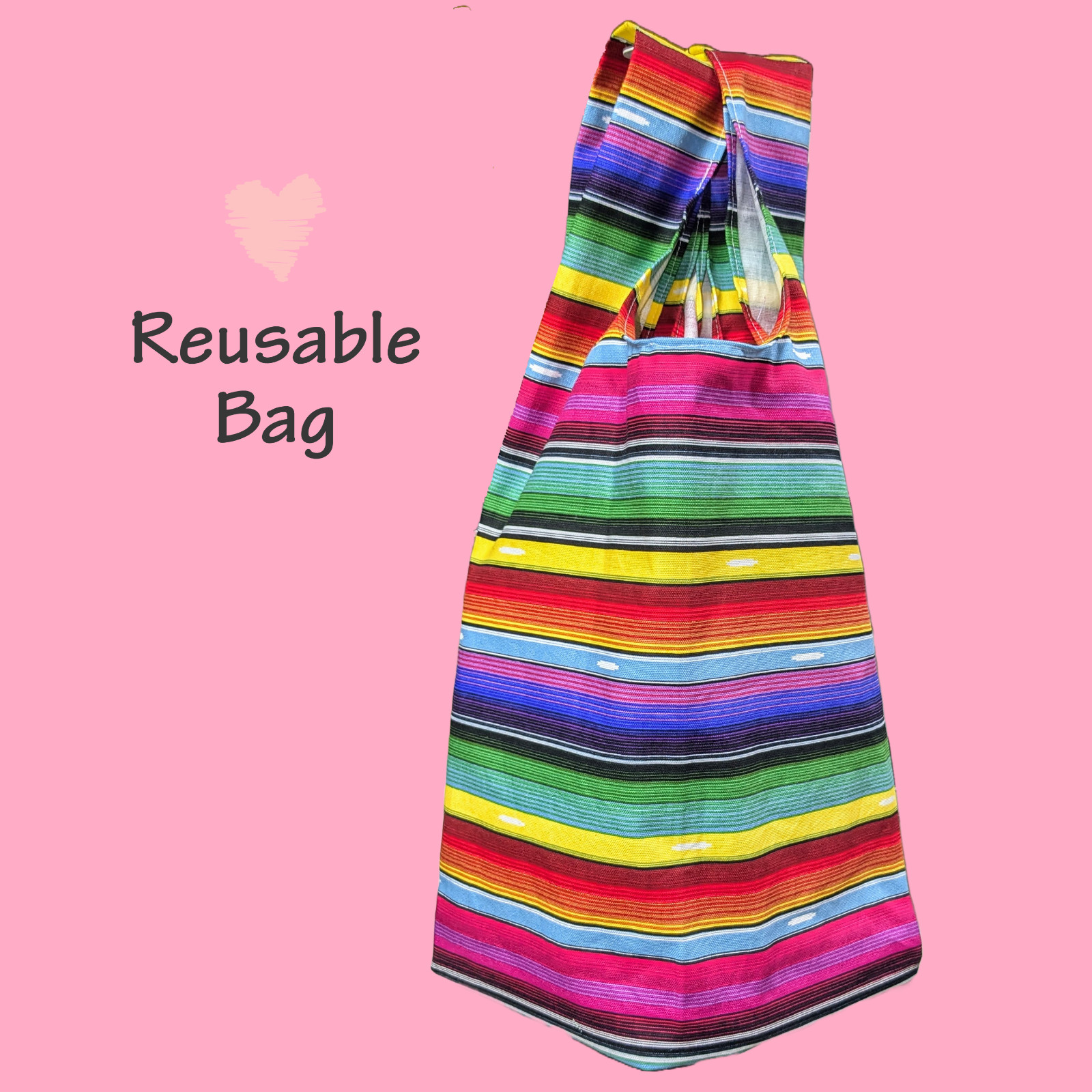 Handmade colorful sarape reusable foldable cotton grocery bag
