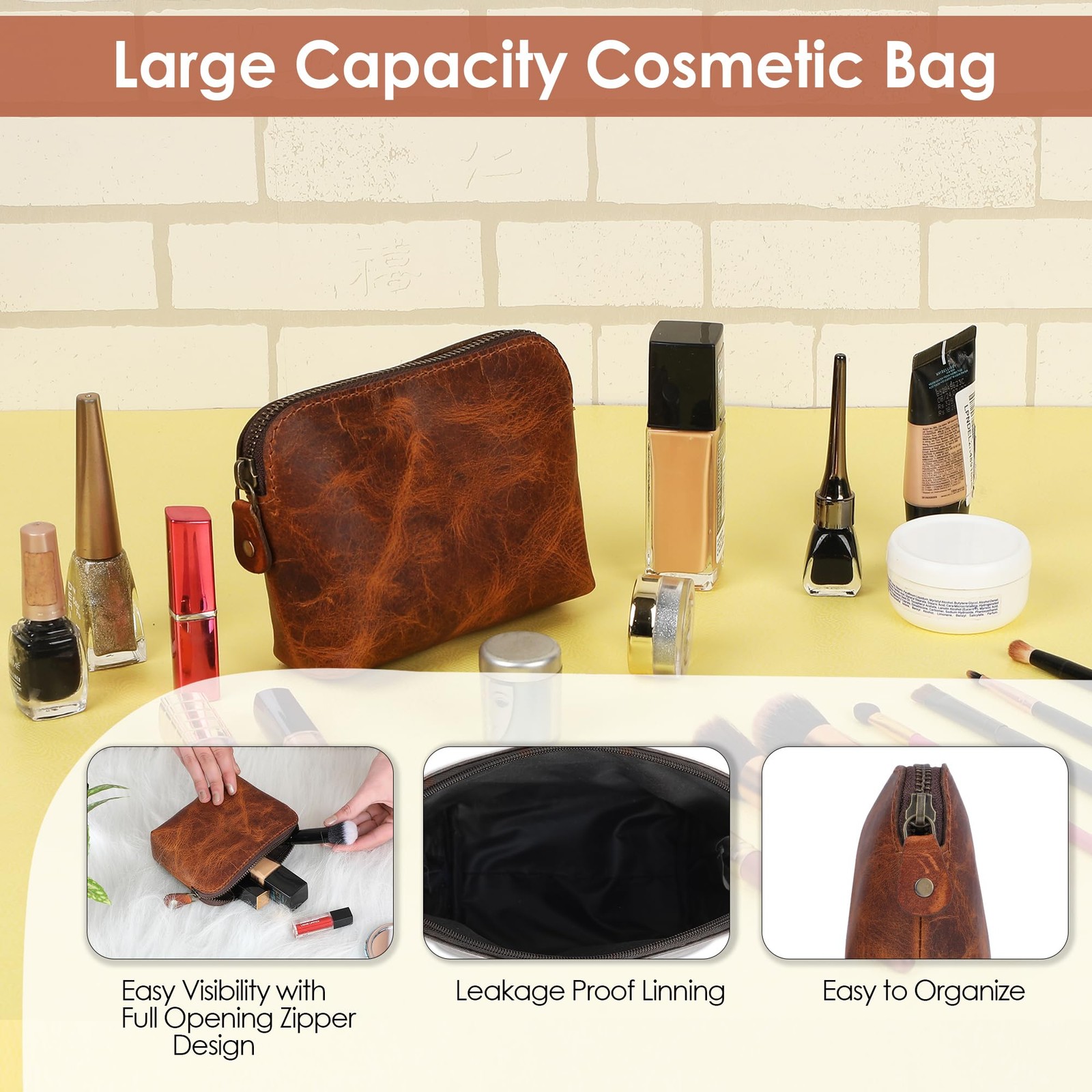 TheAntiq Full Grain Leather Cosmetic Bag – Zippered 5x4x2.5 inches, Tan