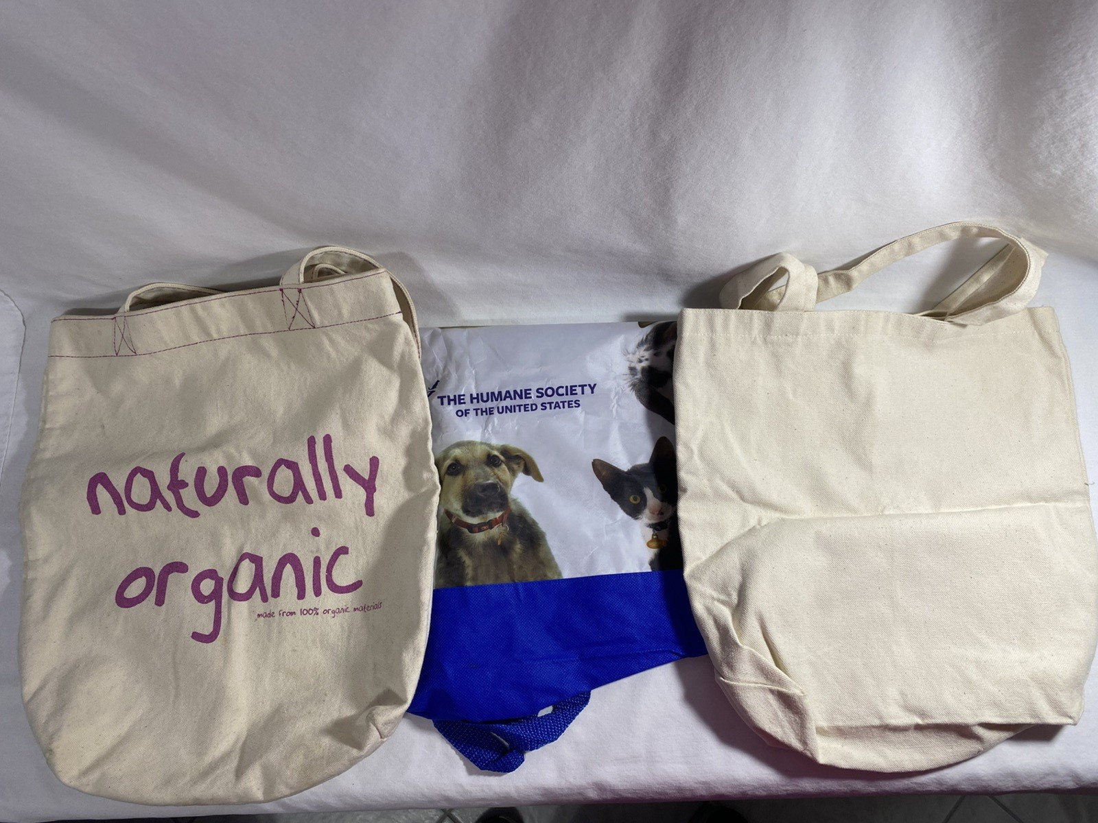 Lot of 3 Tote Bags Unbranded, Naturally Organic, Humane Society