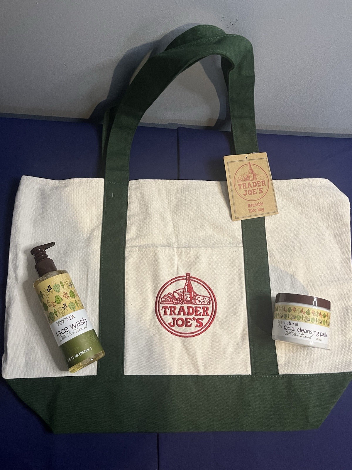 Bundle Of Trader Joe’s Canvas Tote & Tea Tree Face Wash, Cleansing Pads 3 Items