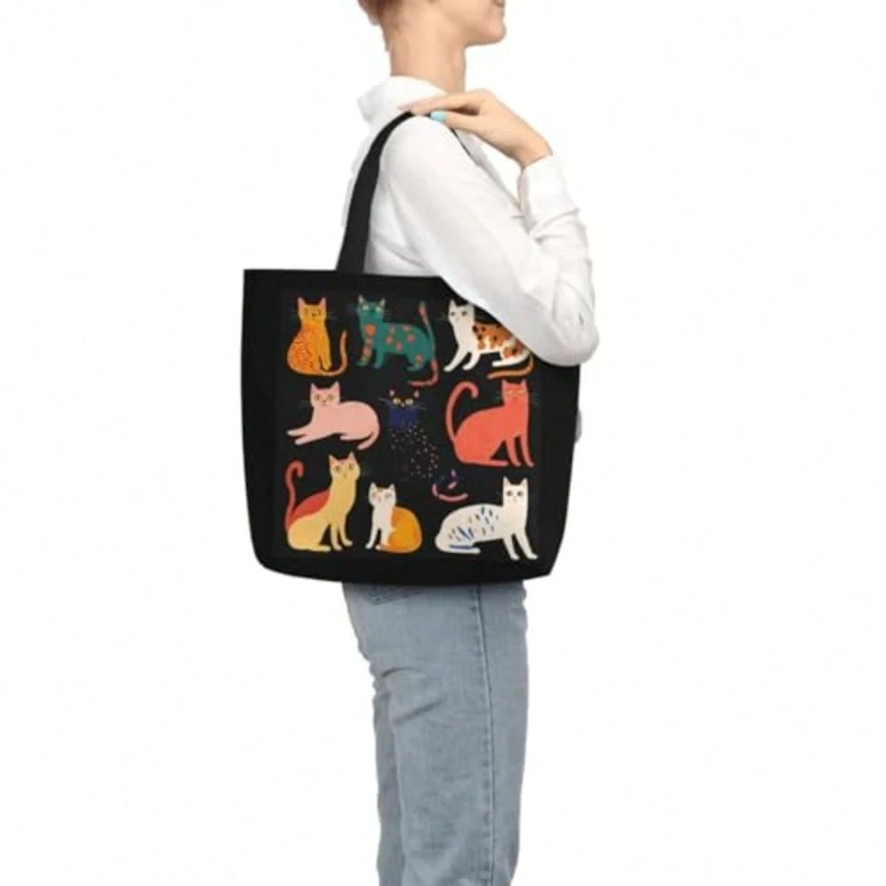 Cute Cat Print Tote Bag Large Reusable Shopping Bag For Cat Lovers