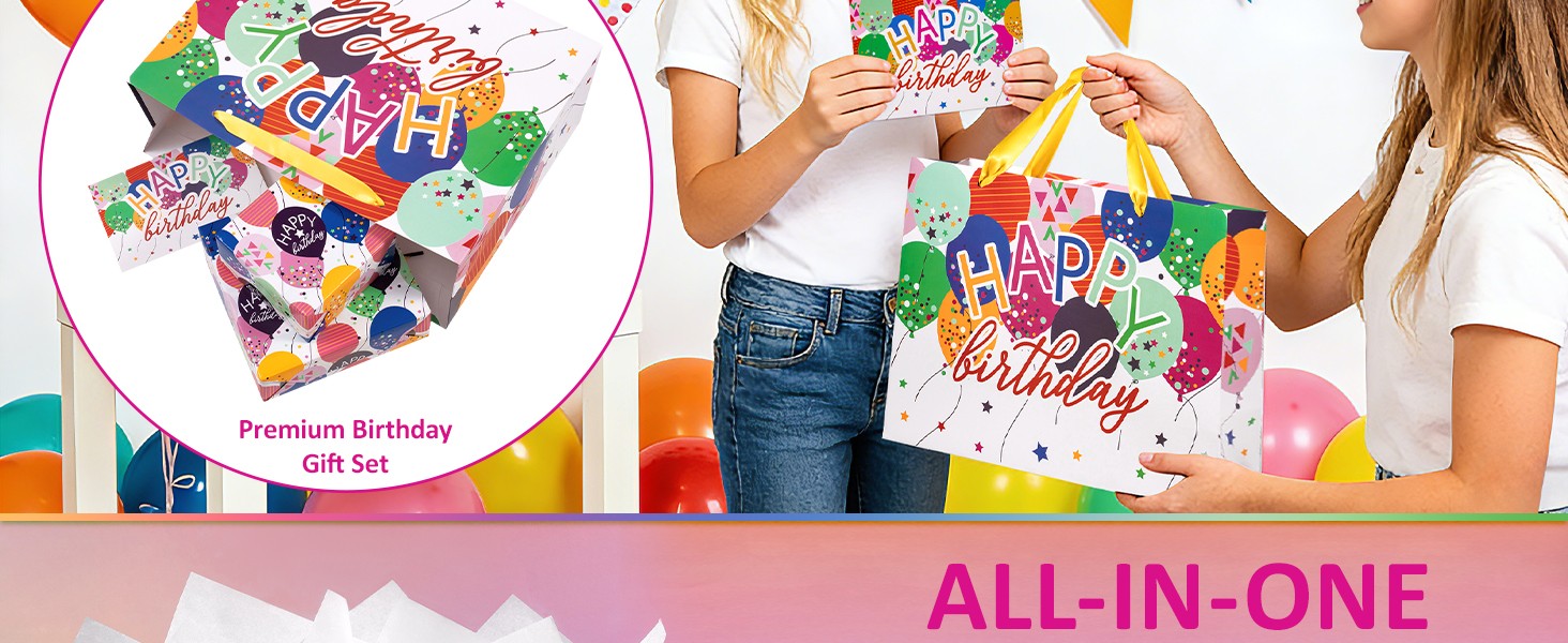 13″ Large Birthday Bag with Card and Tissue Paper – Colorful Balloons and Happy
