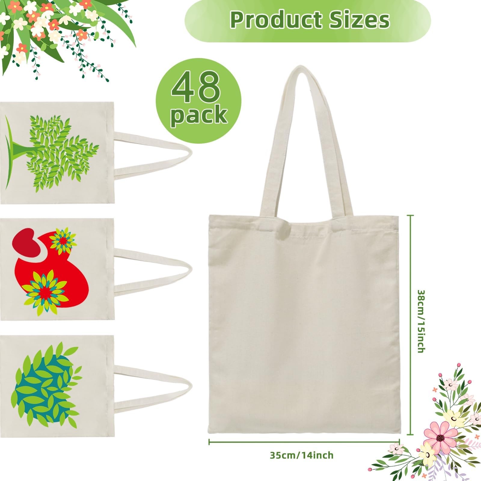 48 Pack Canvas Tote, Reusable Blank Canvas for Shopping,Grocery Bags,DIY Gift…