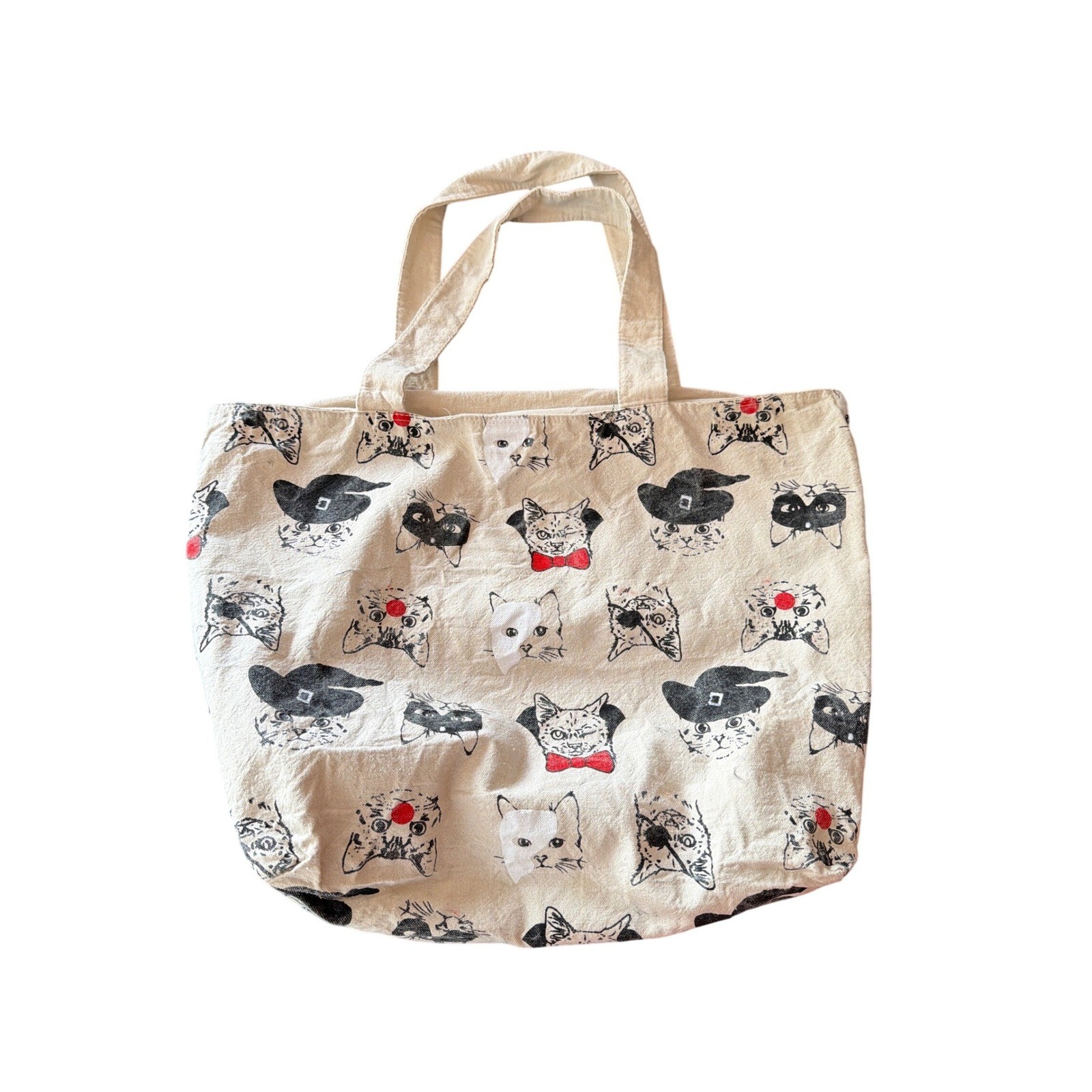 Cute Cat Print Canvas Tote Bag Zipper Pocket Natural Cotton