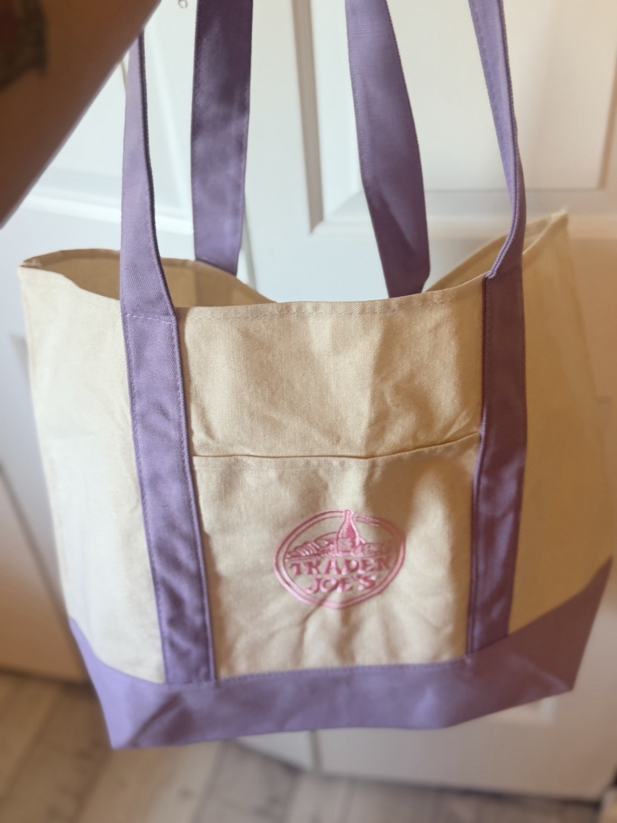 Trader Joe’s Reusable Canvas Tote Bag Logo Beige/Purple 22x11x7 in