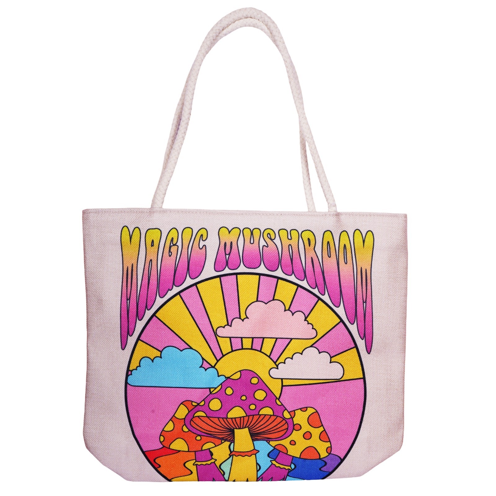 Magic Mushroom Techno Jute Tote Bag 17 x 15 x 4.5 Inch | Reusable Shoulder Bag