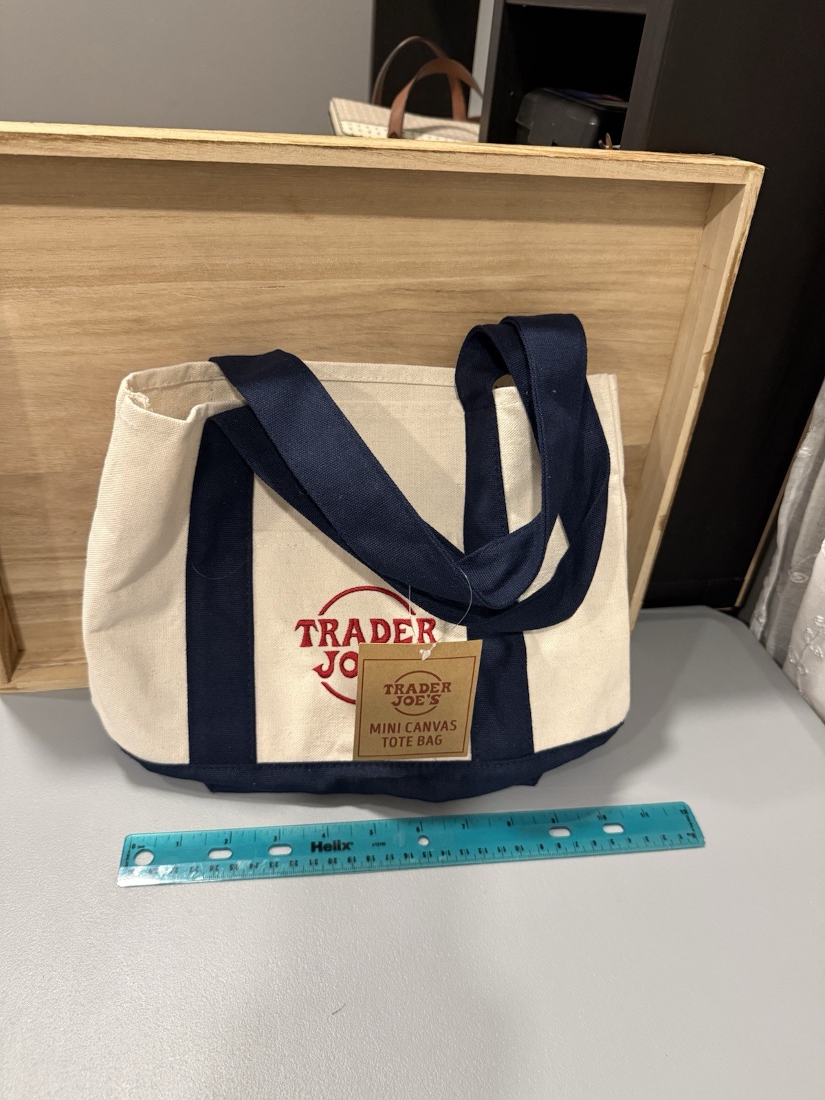 Trader Joe’s Mini Canvas Tote Bag Foldable Navy Blue Beige Small Solid