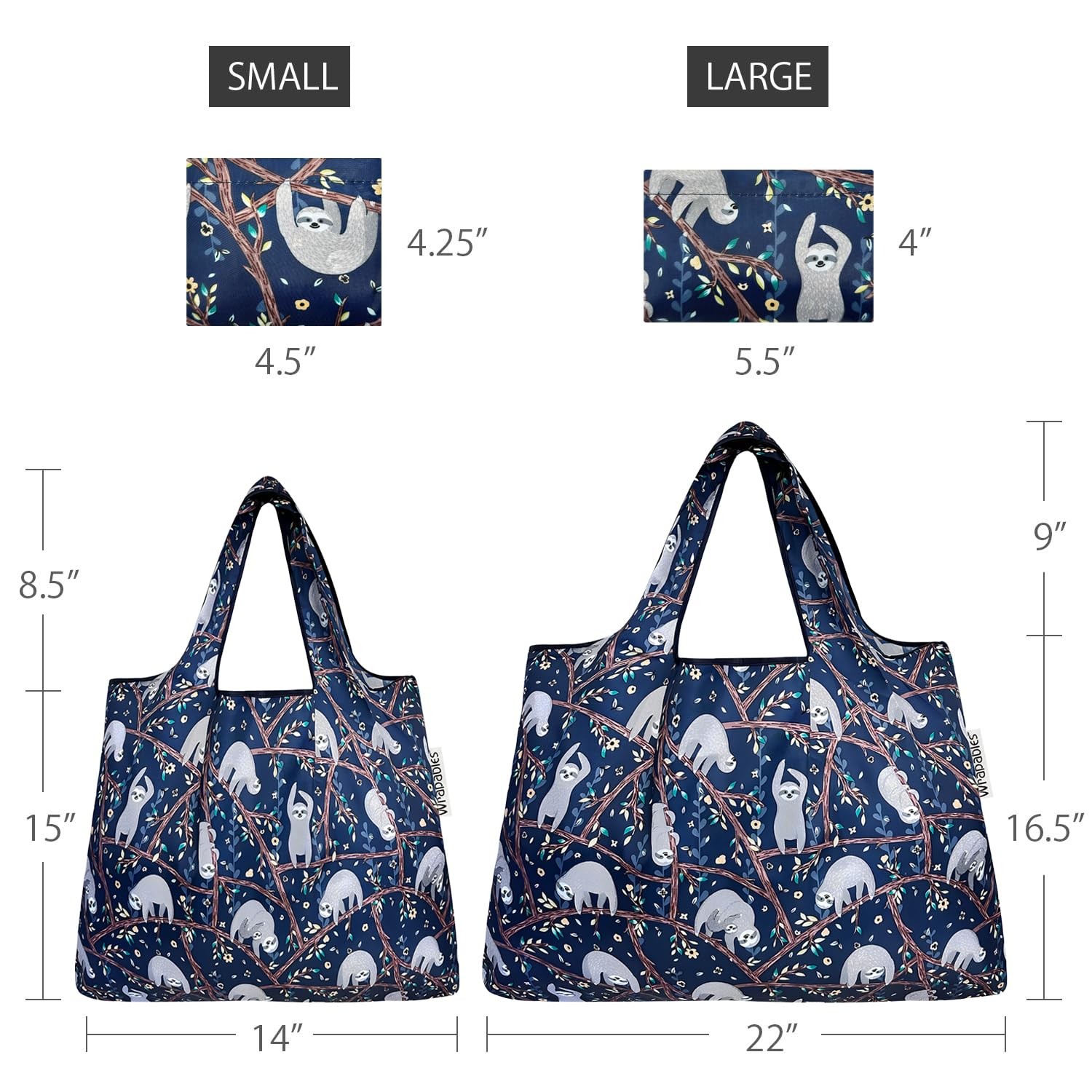 Large & Small Foldable Tote Nylon Reusable Grocery Bags, Set of 2, Sloths