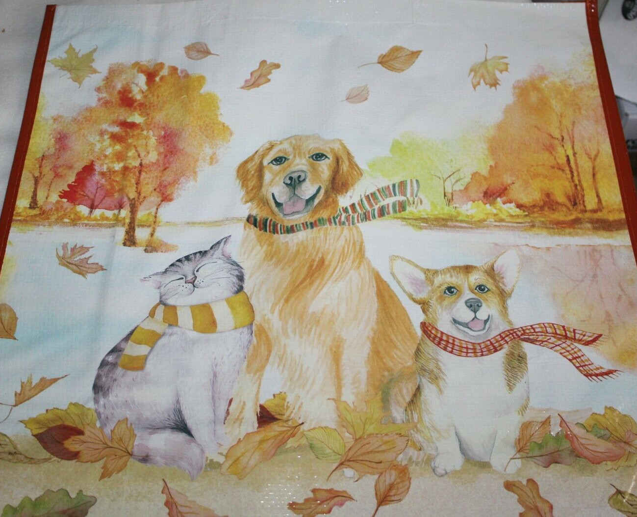 Fall Autumn Leaves Shopping Bag Reusable Tote DOGS And CATS WEARING SCARFS