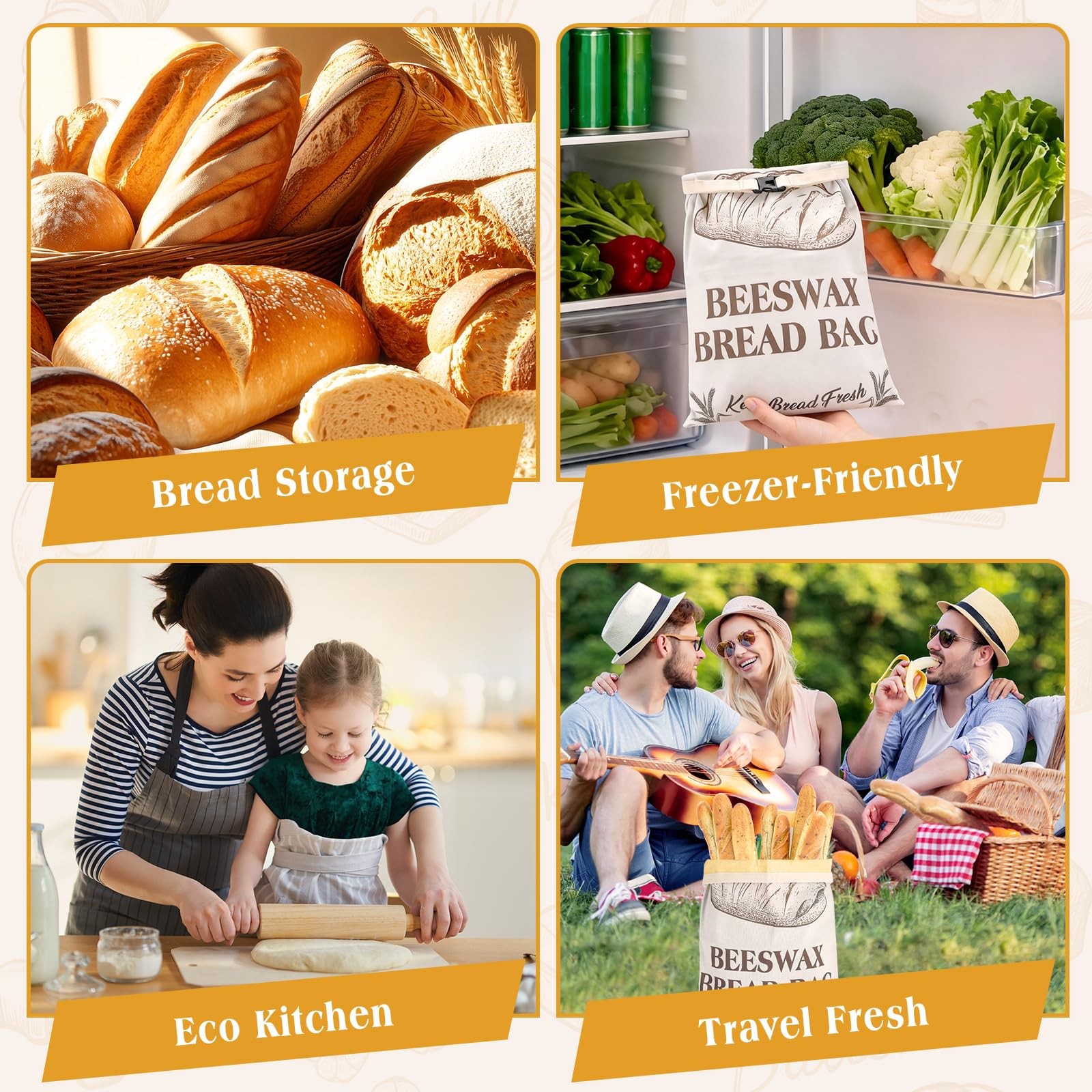 UGODAR Natural Beeswax Bread Bags XL Large, 2 Pack