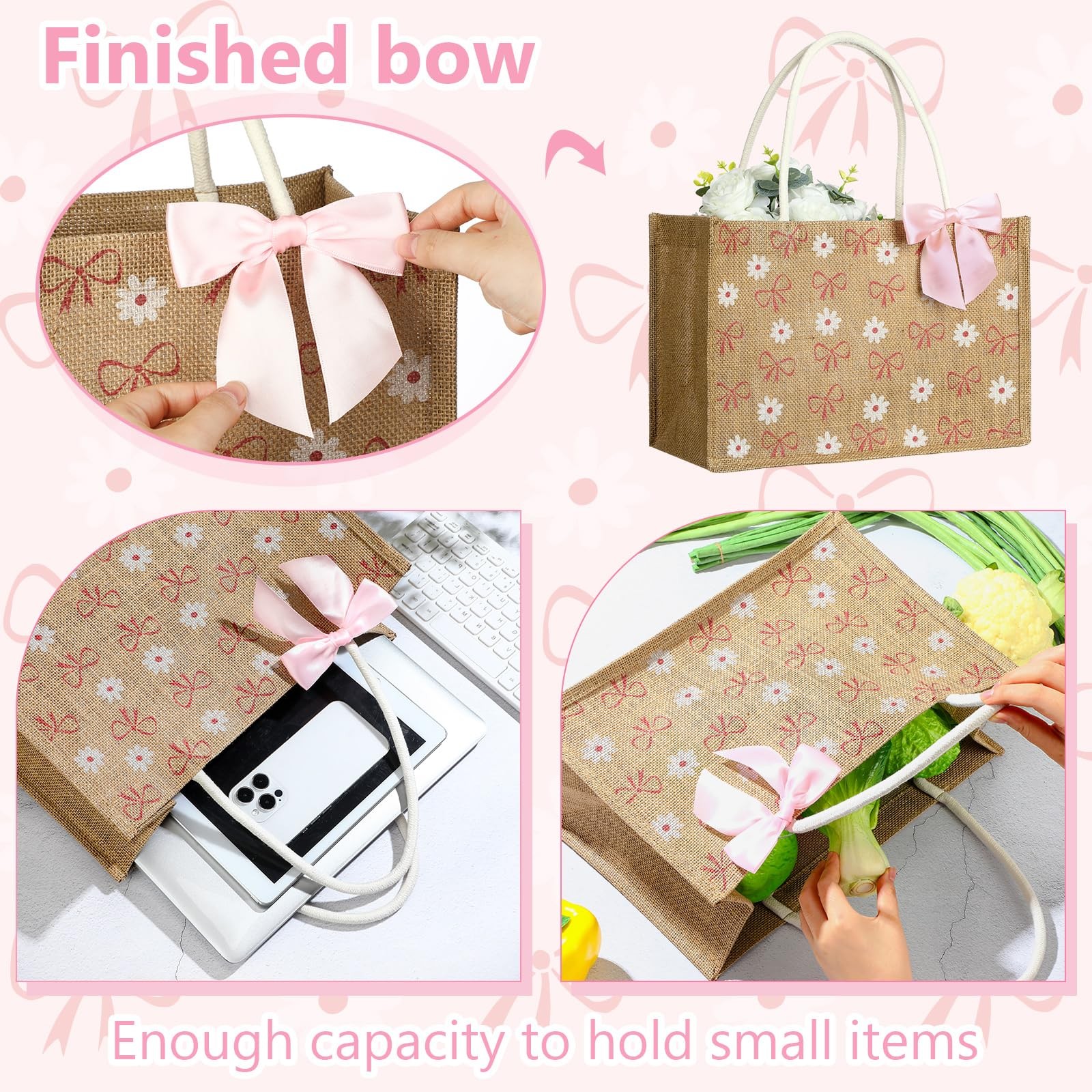 12 Pcs Coquette Bow Burlap Tote Bags with Handle Set, Daisy Flower Reusable B…