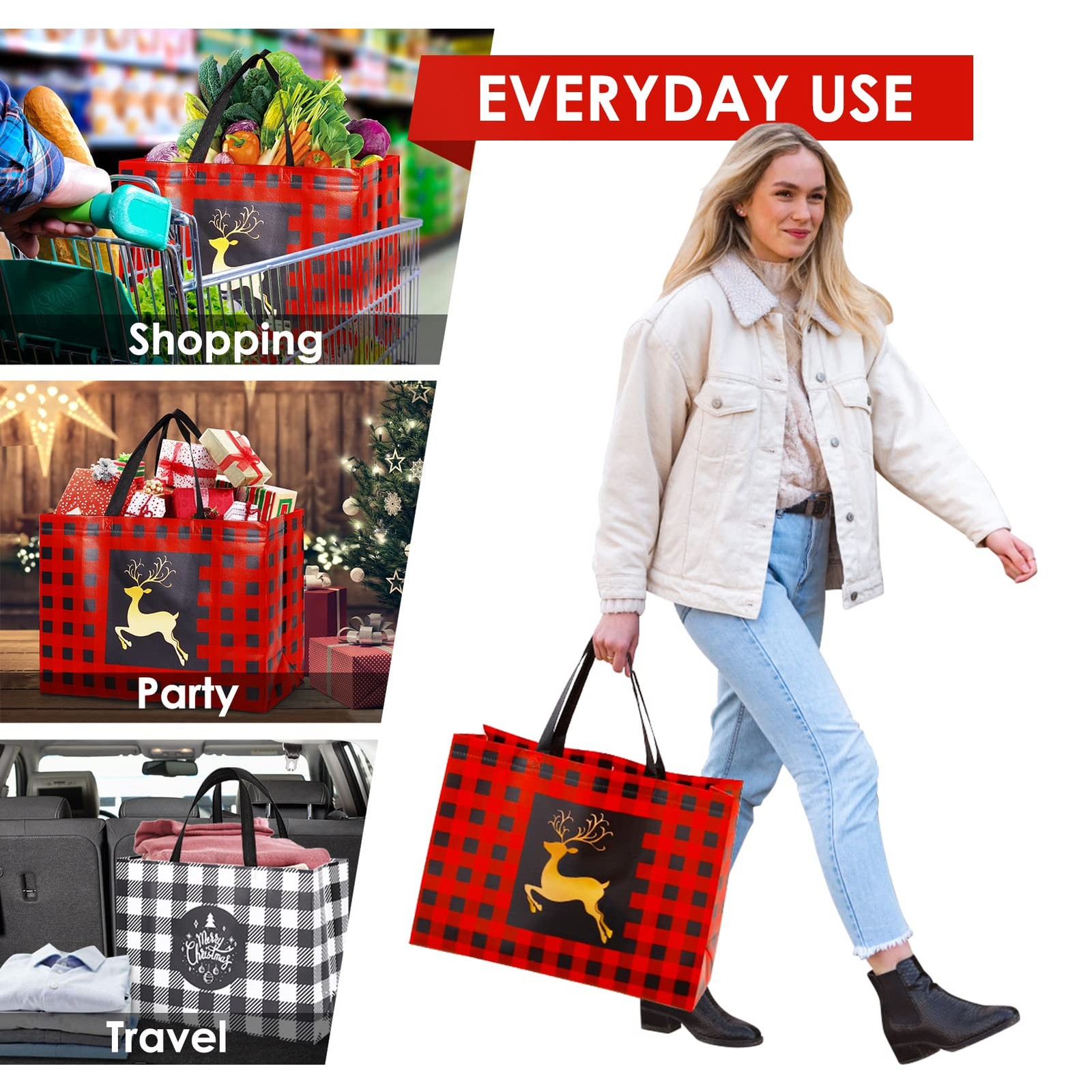 8 Pack Extra Large Christmas Gift Bags, Reusable Tote Bags with Handle Non-Wo…