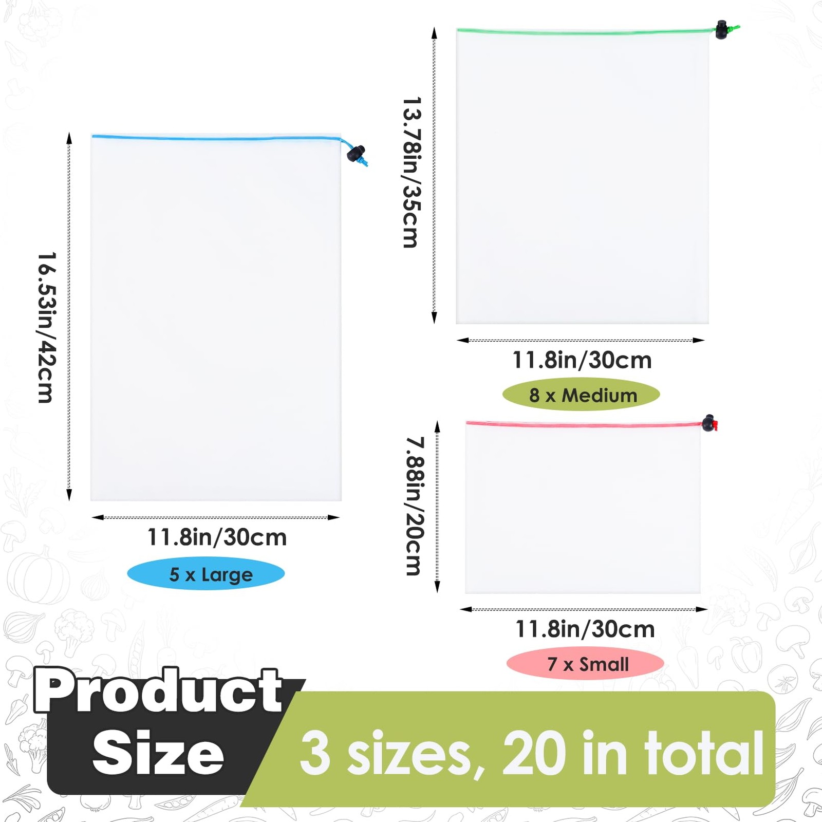 PUREZON 20 Pack Produce Bags, Reusable Mesh Bags 11.8″x16.53″, White