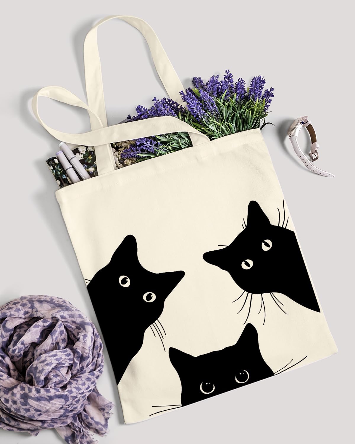 Canvas Tote Bag Aesthetic for Women, Cute Cat Reusable Cotton Cloth Cotton Ba