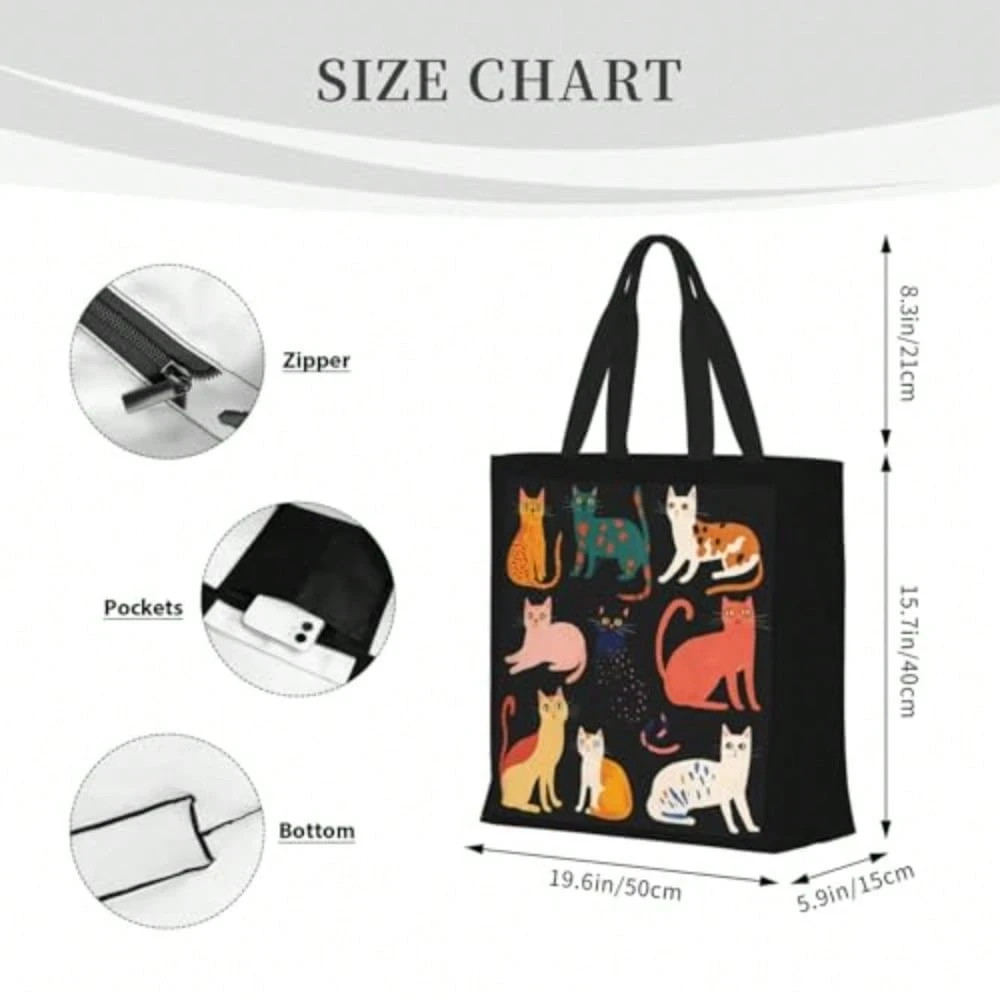Cute Cat Print Tote Bag Large Reusable Shopping Bag For Cat Lovers