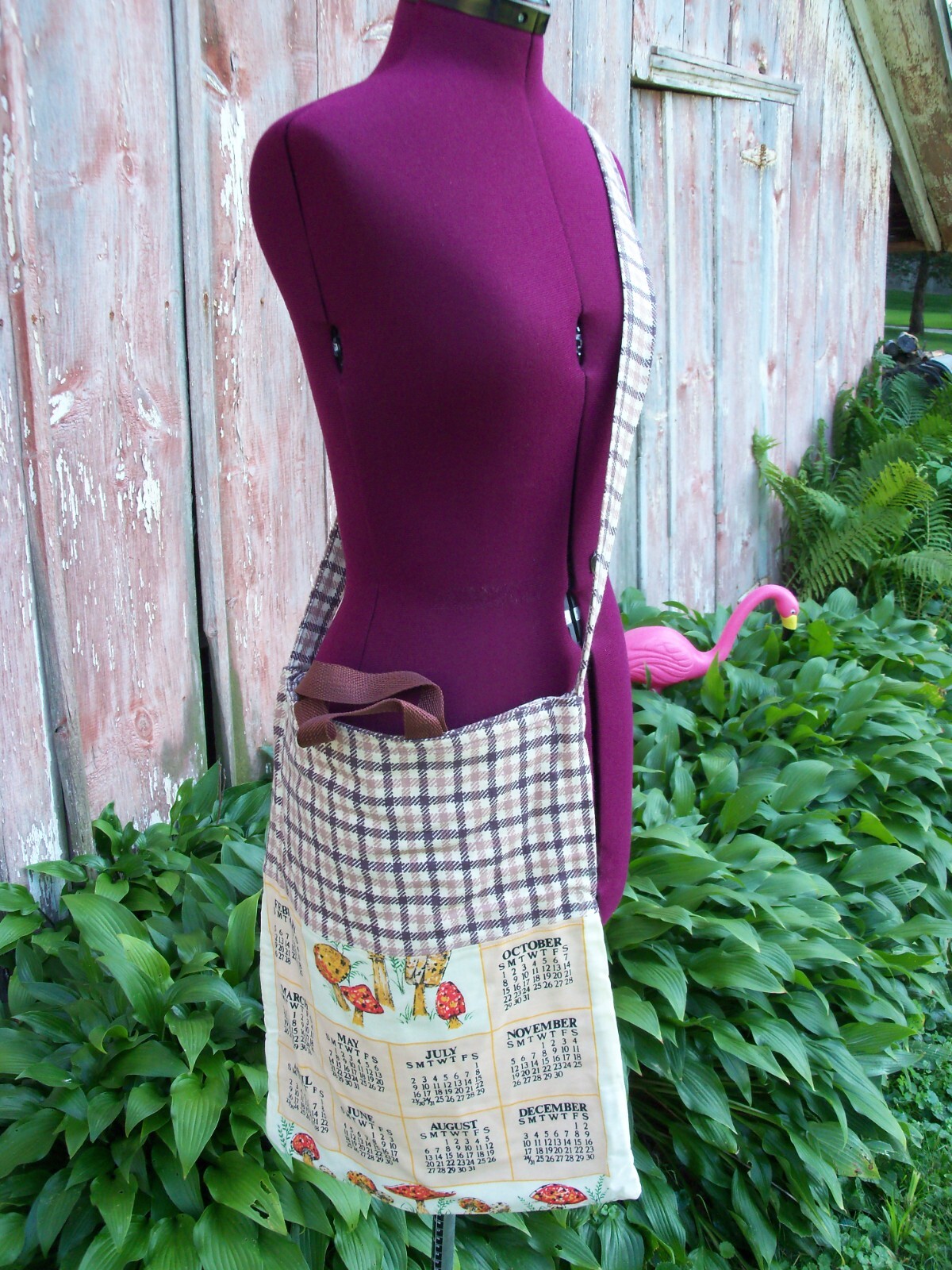 Vintage 1989 Mushroom Calendar Recycled Tote Bag Grocery Shopping