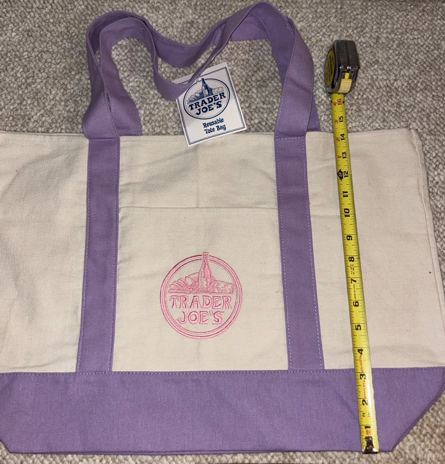 NWT Trader Joes Reusable Large Tote Bag Embroidered 21 x 14 Purple