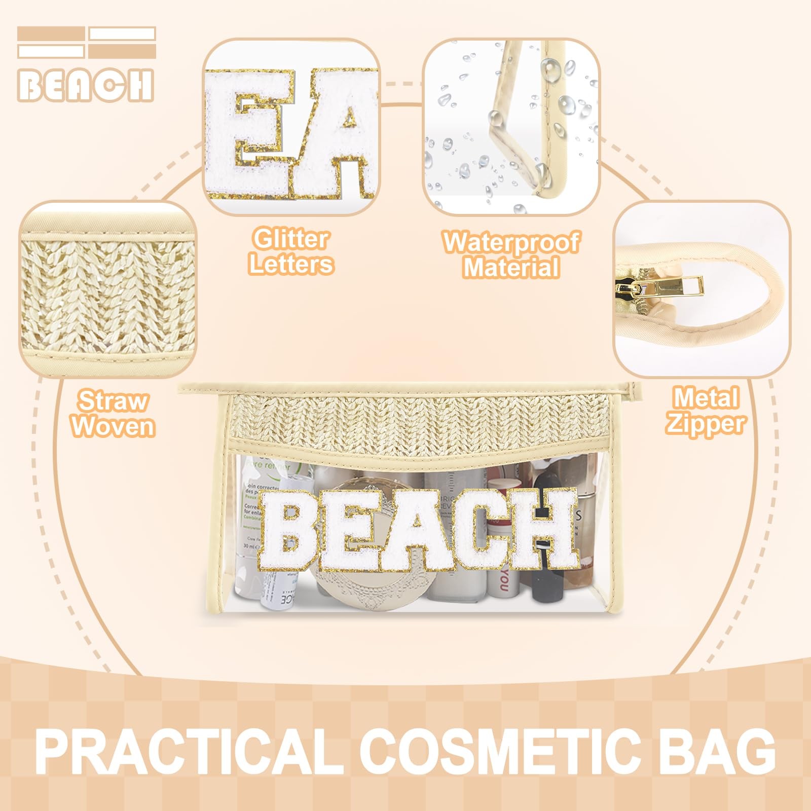 Small Boho Straw Clear Beach Makeup Bags for Women&Girls, Zipper Beige