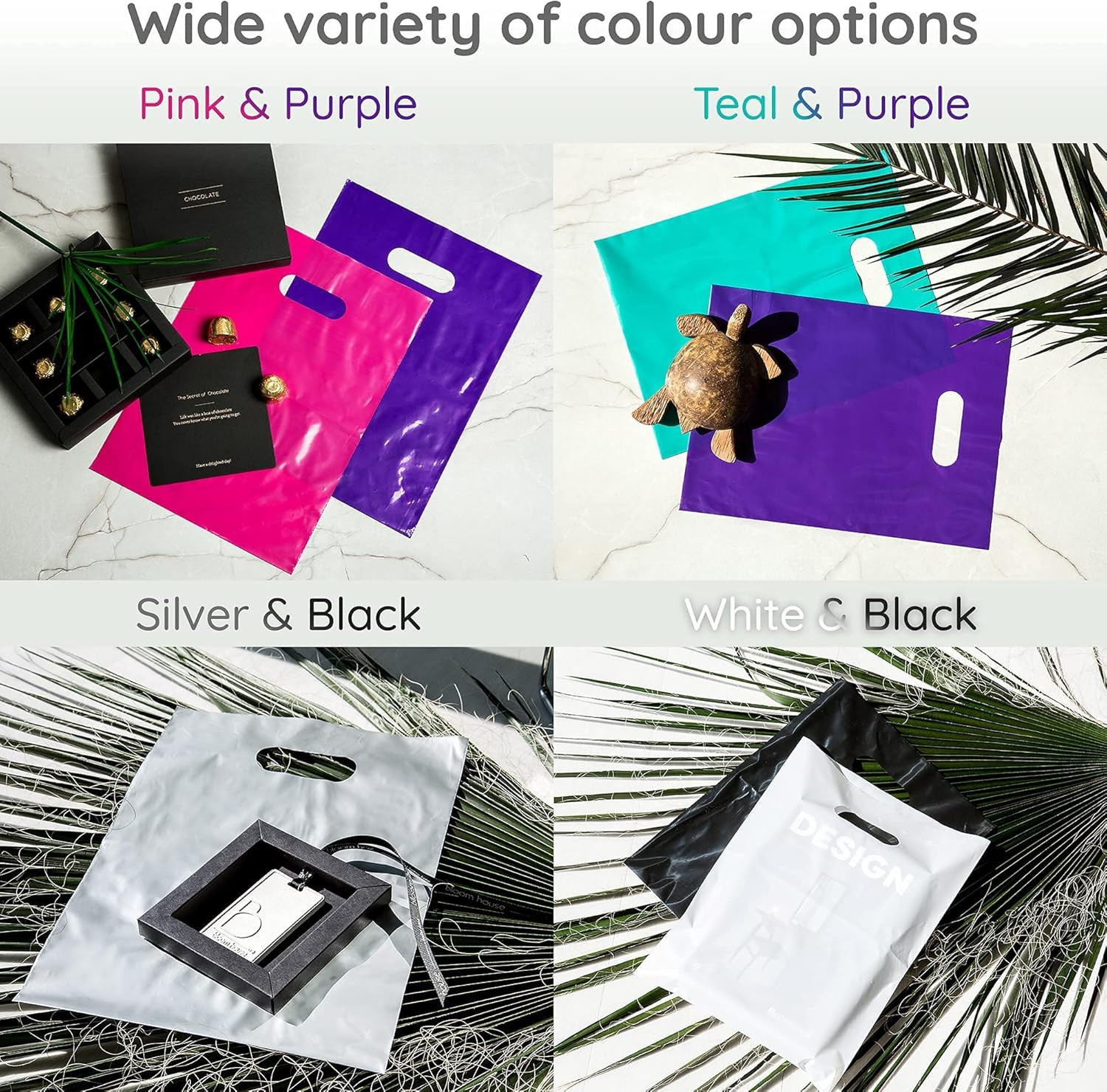 Merchandise Bags 200 Teal & Purple 9″x12″ Bags 1.5Mil Thick Glossy With Handles