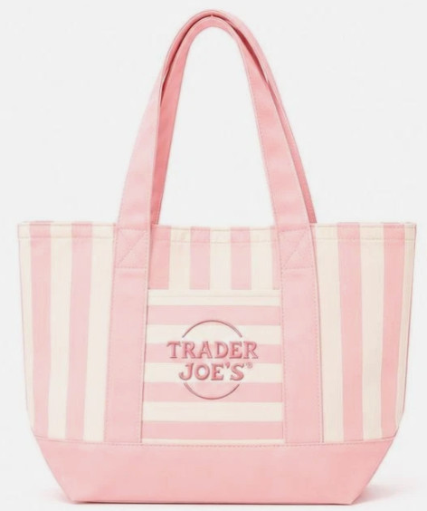 Trader Joe’s 💚 SET OF 2 MINI CANVAS TOTE BAGS Green & Pale Pink Striped LIMITED