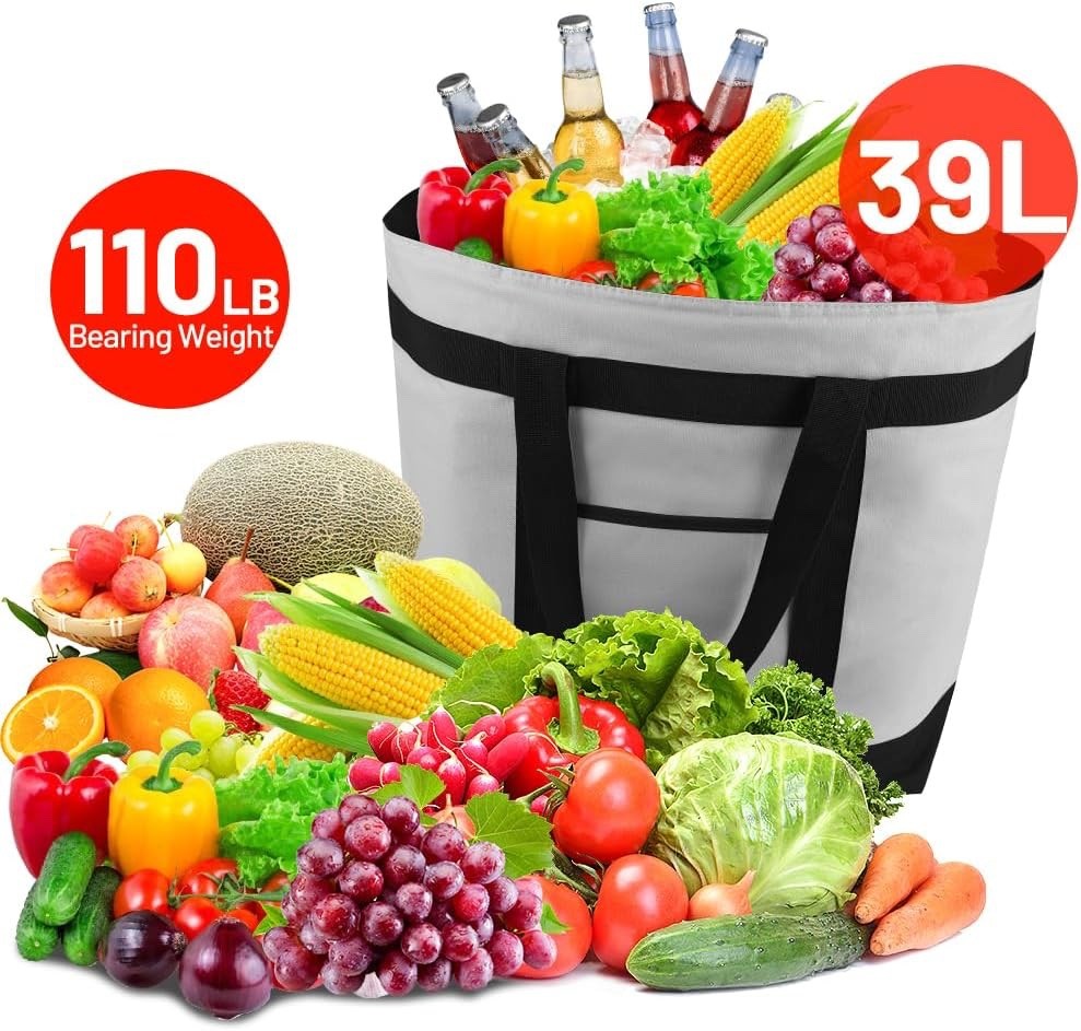 Insulated Grocery Tote Bag Reusable Cooler for Delivery, 39L,Heavy Duty, Thermal