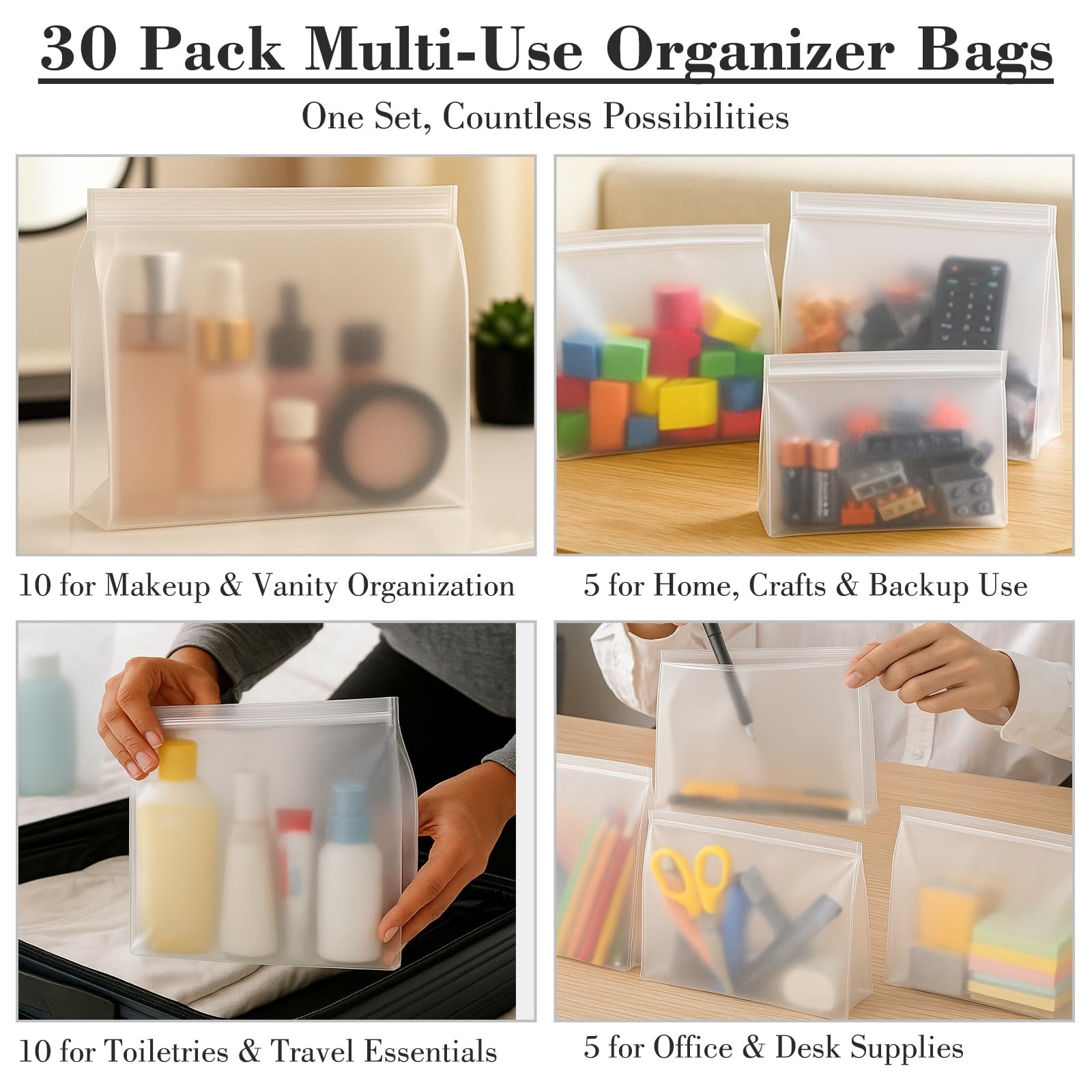 30 Pack Clear Makeup Bag Assorted Sizes (6-11 x 5-8 x 1.5-2.8 In), Frosted