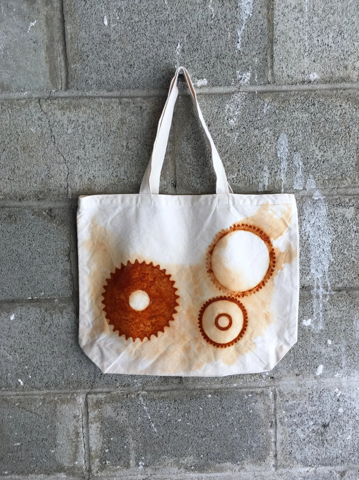 Organic Cotton Farmers Market Tote Bag Rusty Gears Handmade XL 18×14.5 Rust Dyed