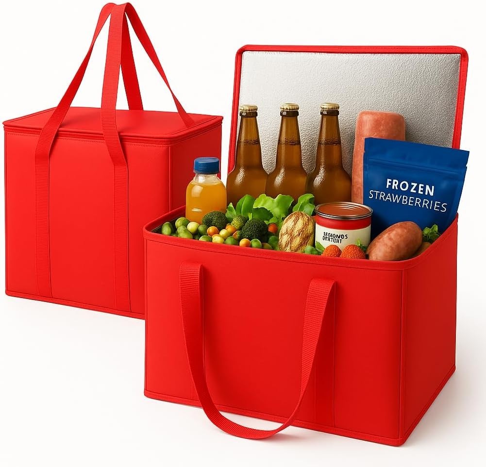 2-Pack XL-Large Insulated Grocery Shopping Bags, Red, Reusable, Heavy Duty, Z…