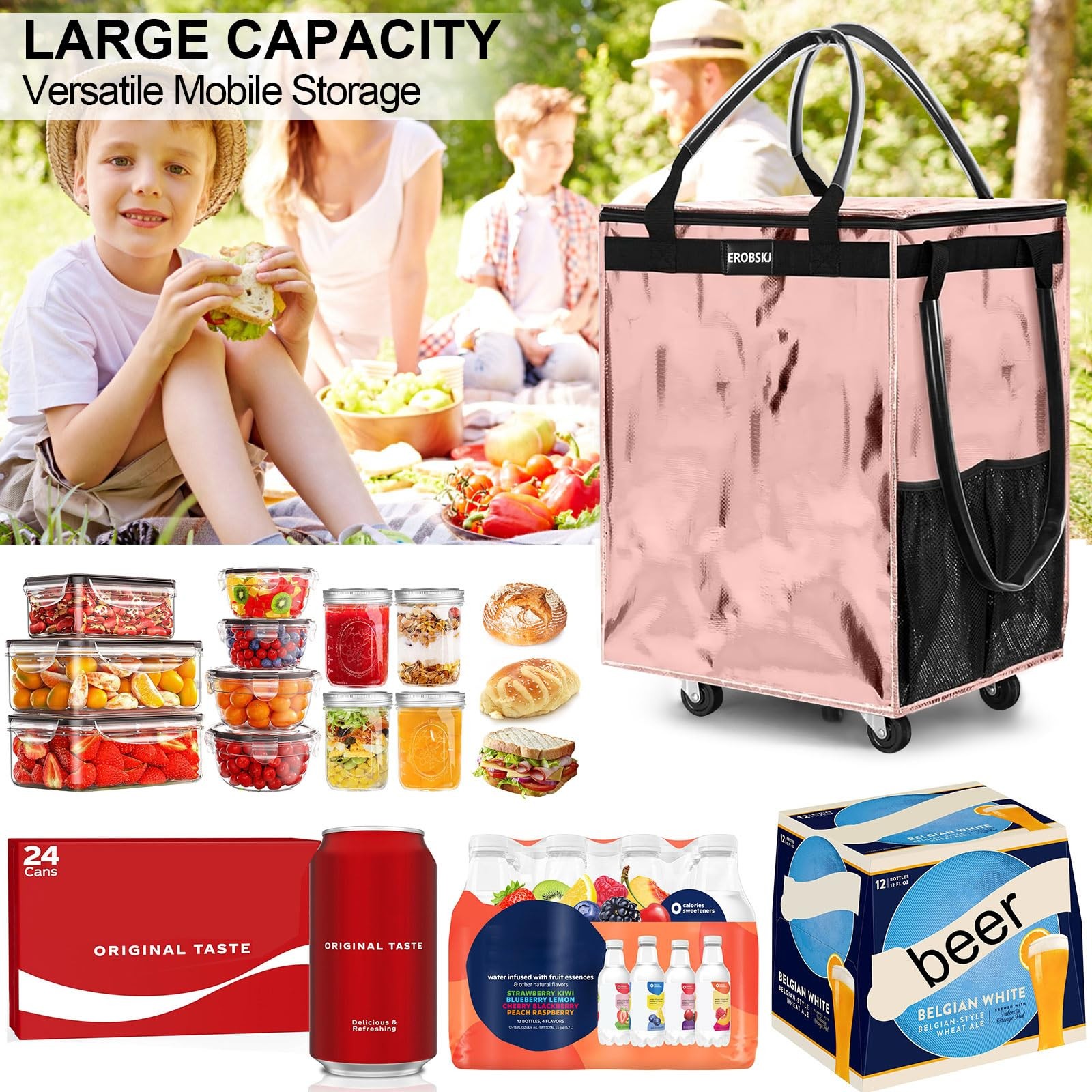 EROBSKJ (Large,Rose Gold) Reusable Grocery Bag on Wheels, Large, Rose Gold