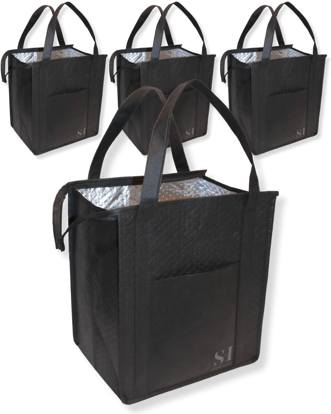 4-Pack Black Insulated Grocery Bags Reusable Shopping Bags with Zippered Top