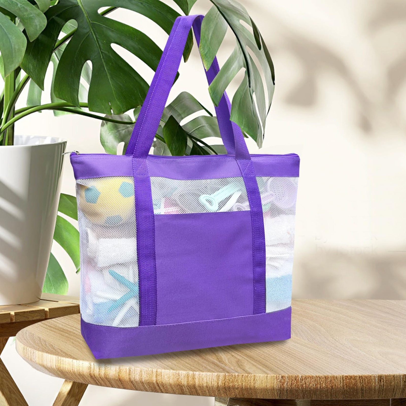 2Pack Lightweight Mesh Tote Bag Sandproof Beach Zipper Double Pocket Travel